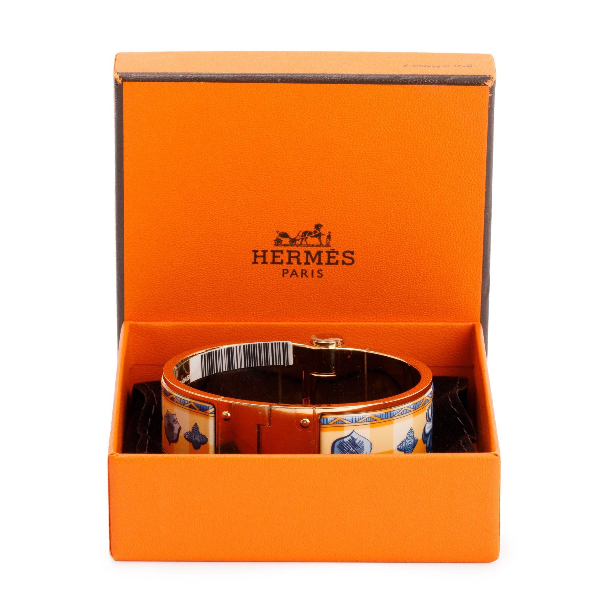 Hermes Gold Plated Wide Hinged Enamel Bracelet w/ Box