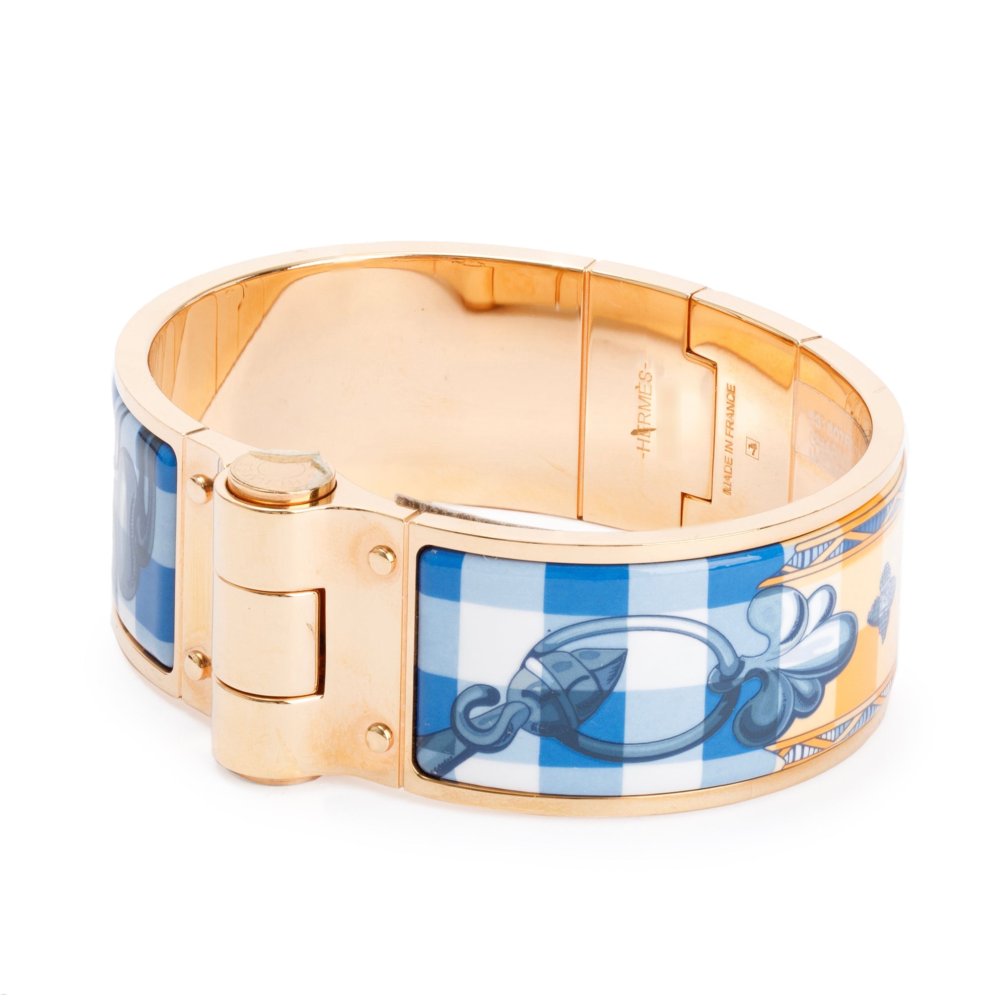 Hermes Gold Plated Wide Hinged Enamel Bracelet w/ Box