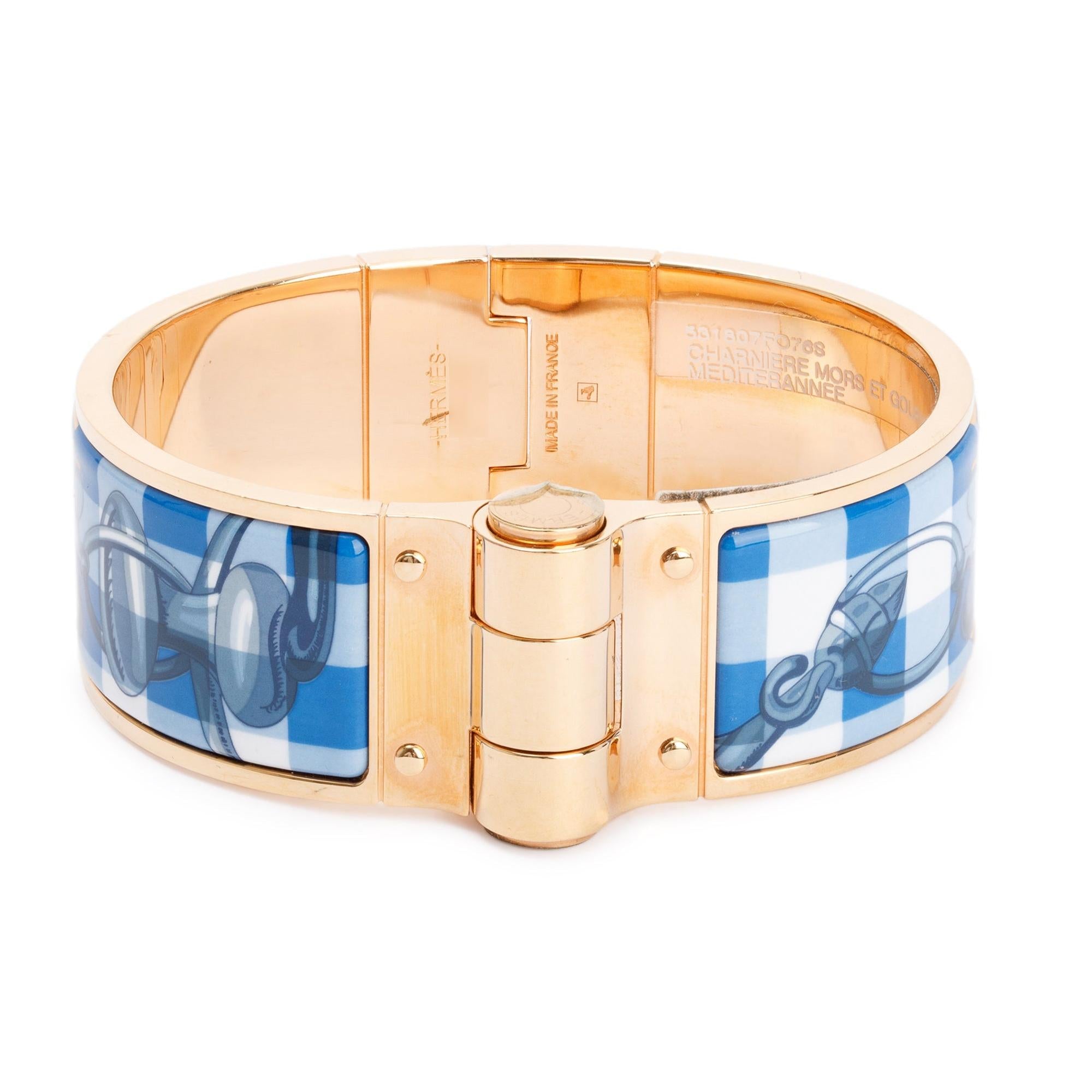 Hermes Gold Plated Wide Hinged Enamel Bracelet w/ Box