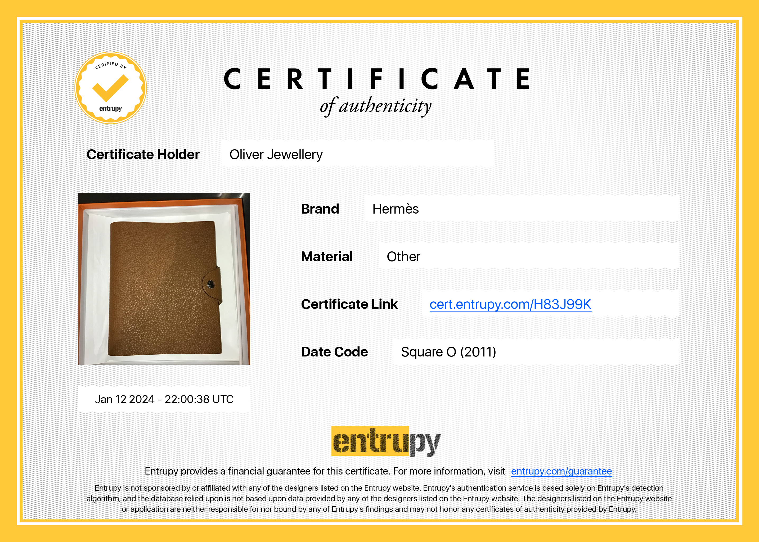 Hermes Gold Togo Ulysse PM Agenda Cover with Notebook & Box