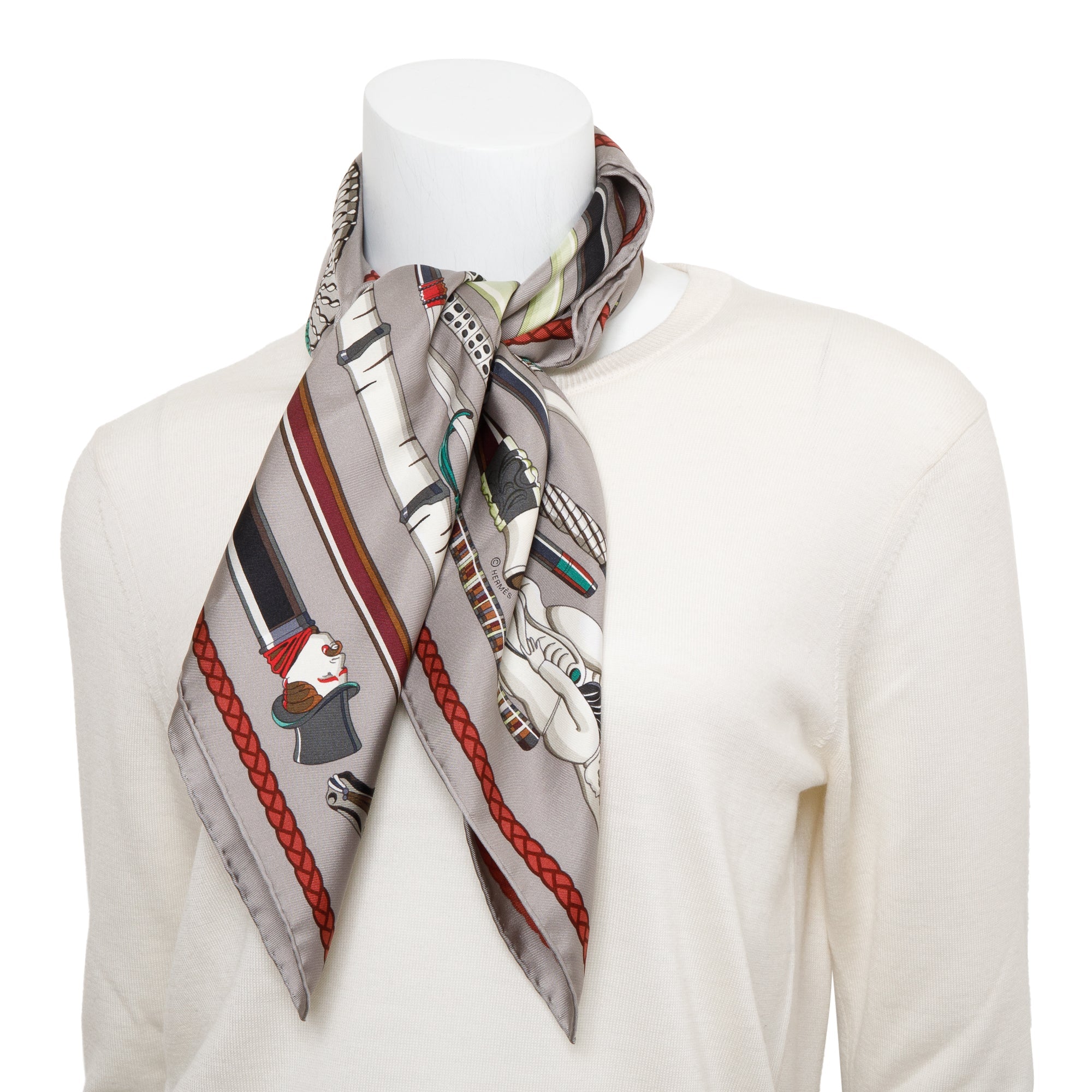 Hermes Grey 'Les Cannes' Silk Scarf 90 w/ Box