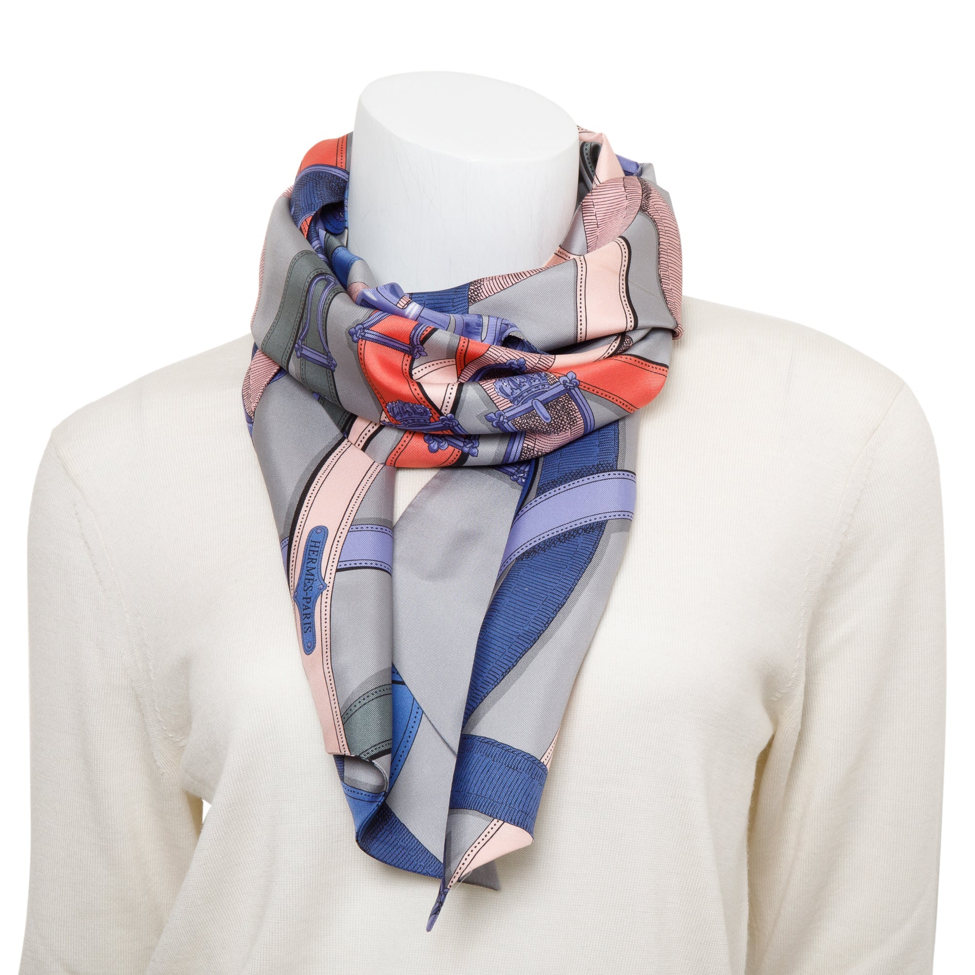 Hermes Grey Multicolor 'Cavalcadour by Henri d'Origny' Maxi Twilly Long Silk Scarf