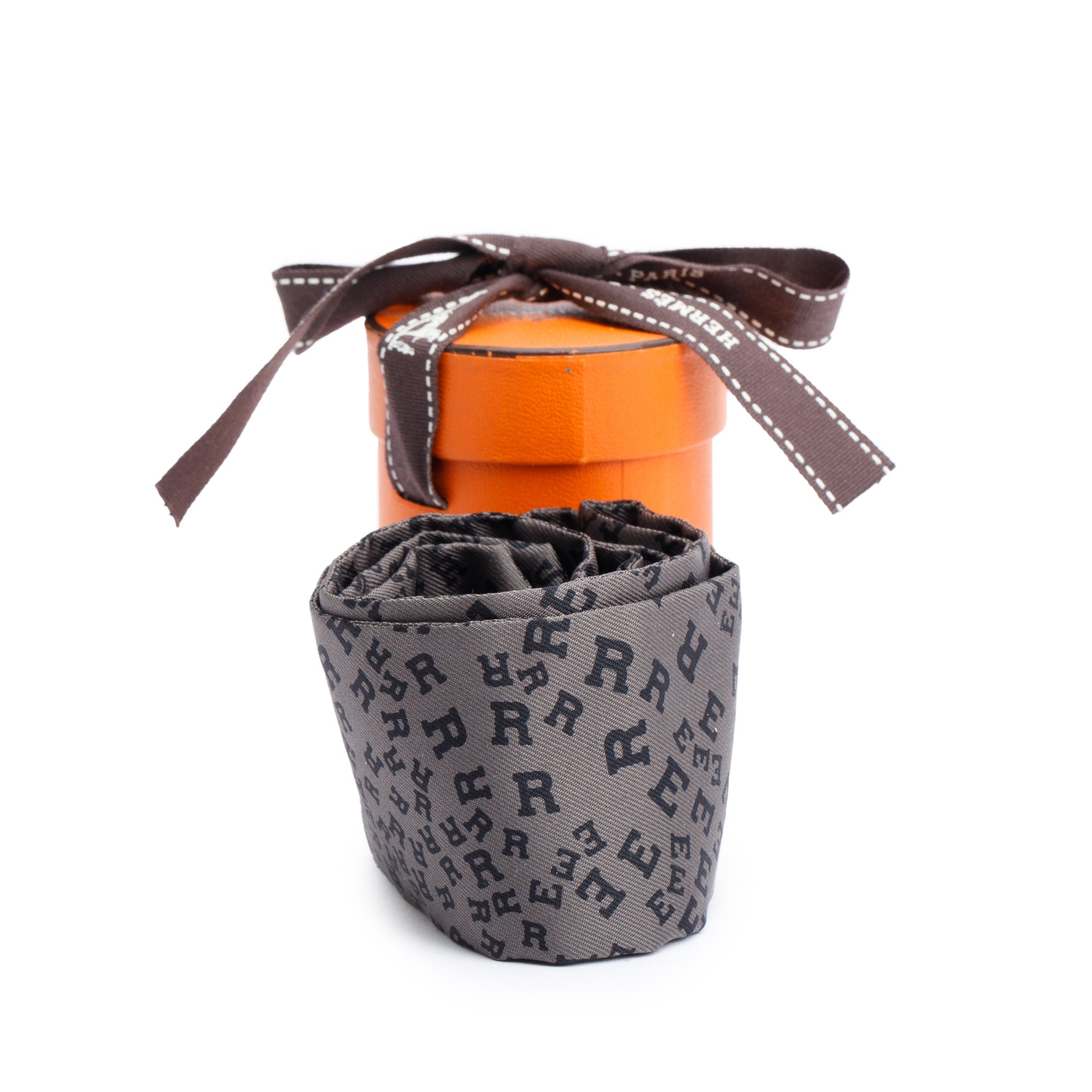 Hermes Grey 'Scattered Letter' Silk Twilly w/ Box