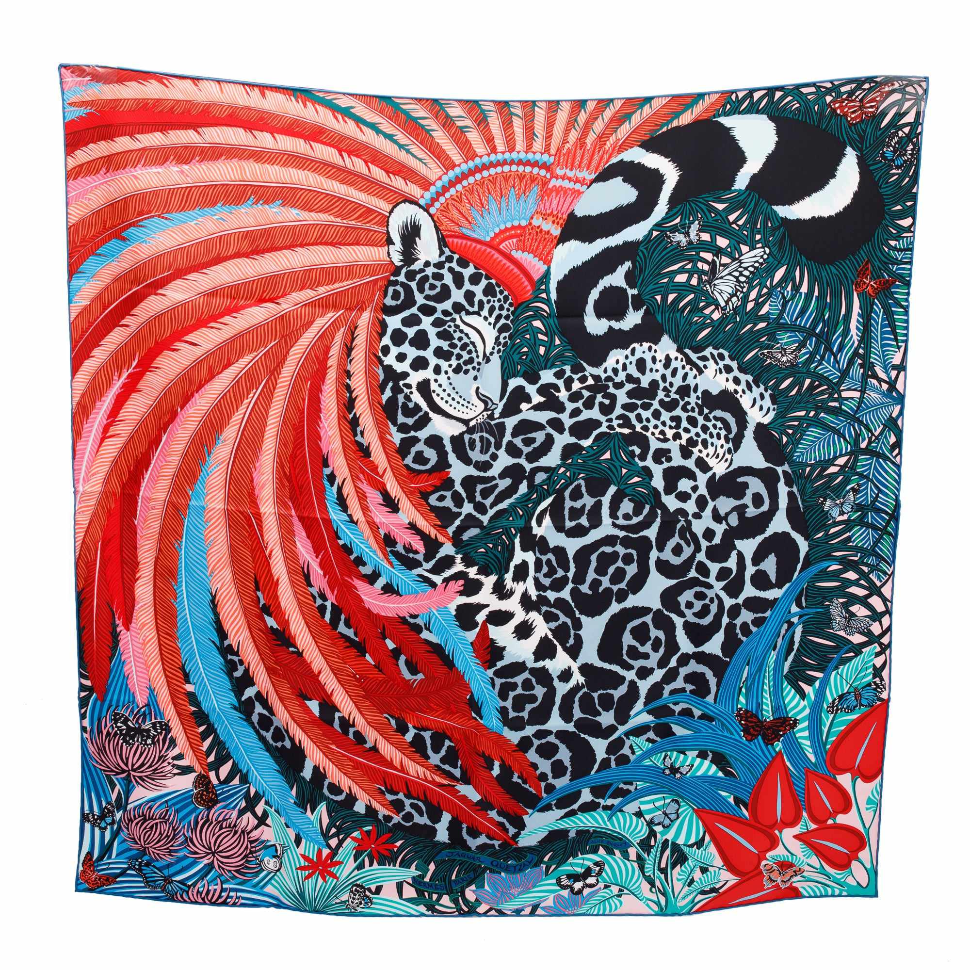 Hermes 'Jaguar Quetzal by Alice Shirley' Silk Scarf 90 w/ Box