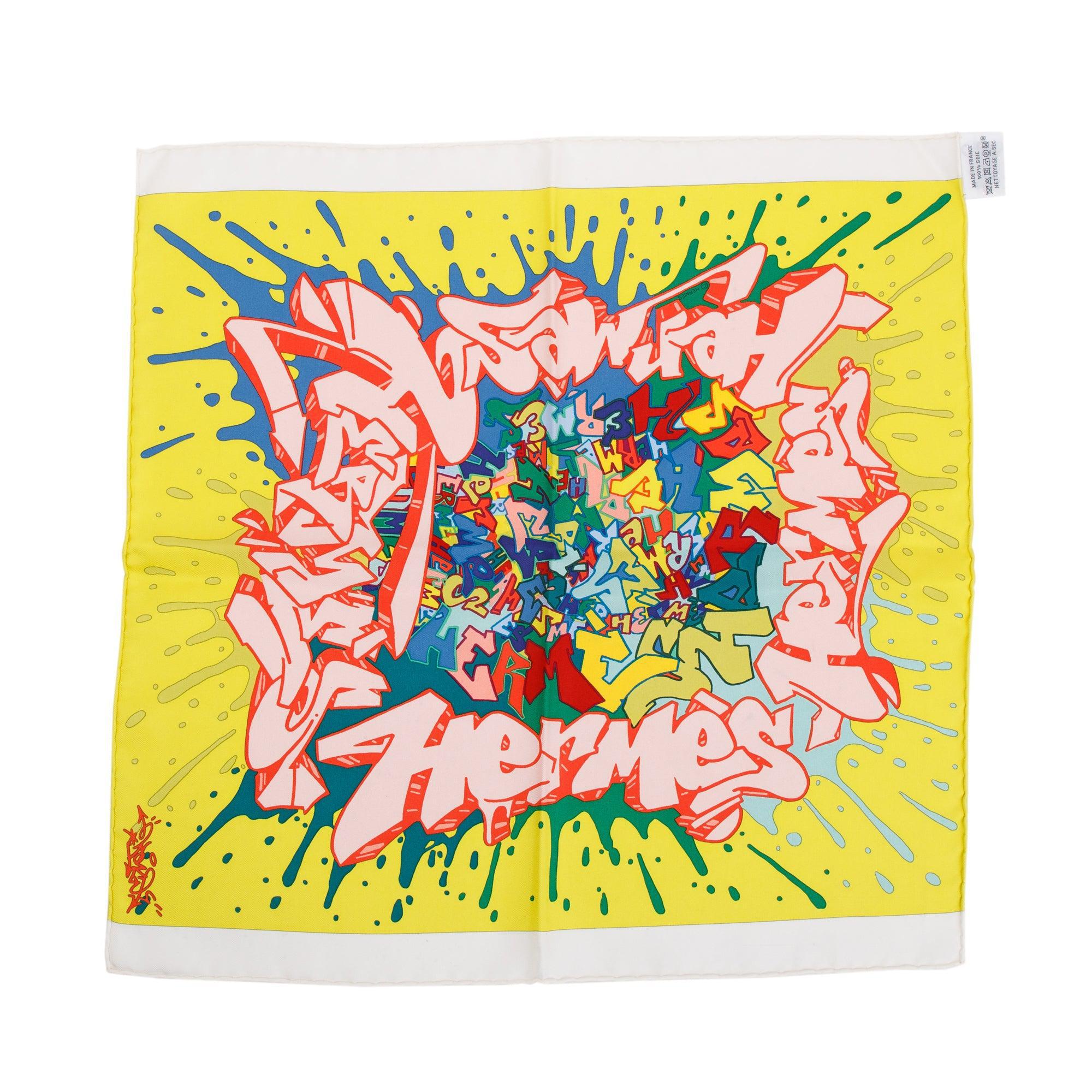 Hermes Jaune Acide Vert 'Gavroche Graff' Pocket Square Silk Scarf w/ Box