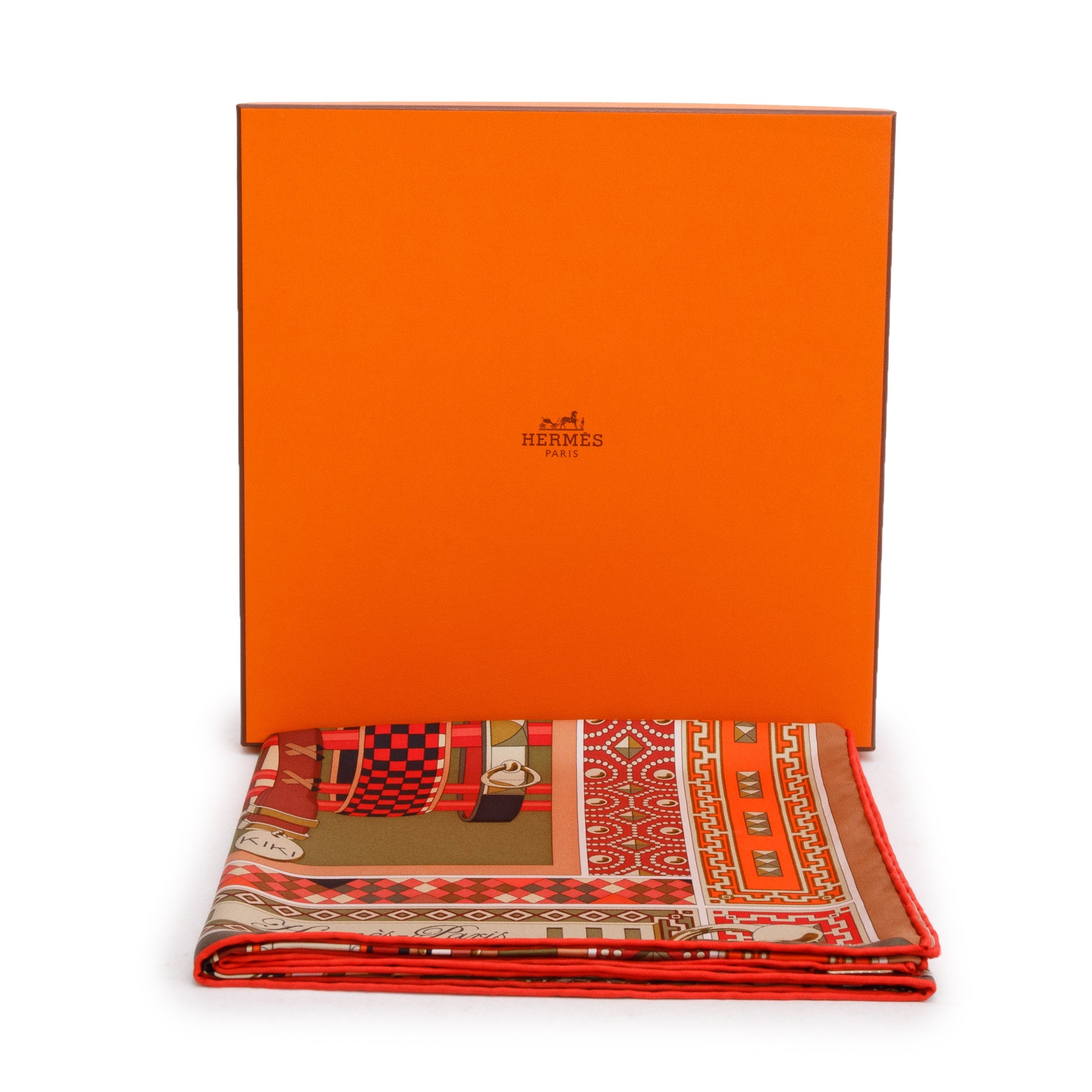 Hermes Kaki/Corail/Rouge 'Colliers De Chiens' Silk Scarf 90 w/ Box