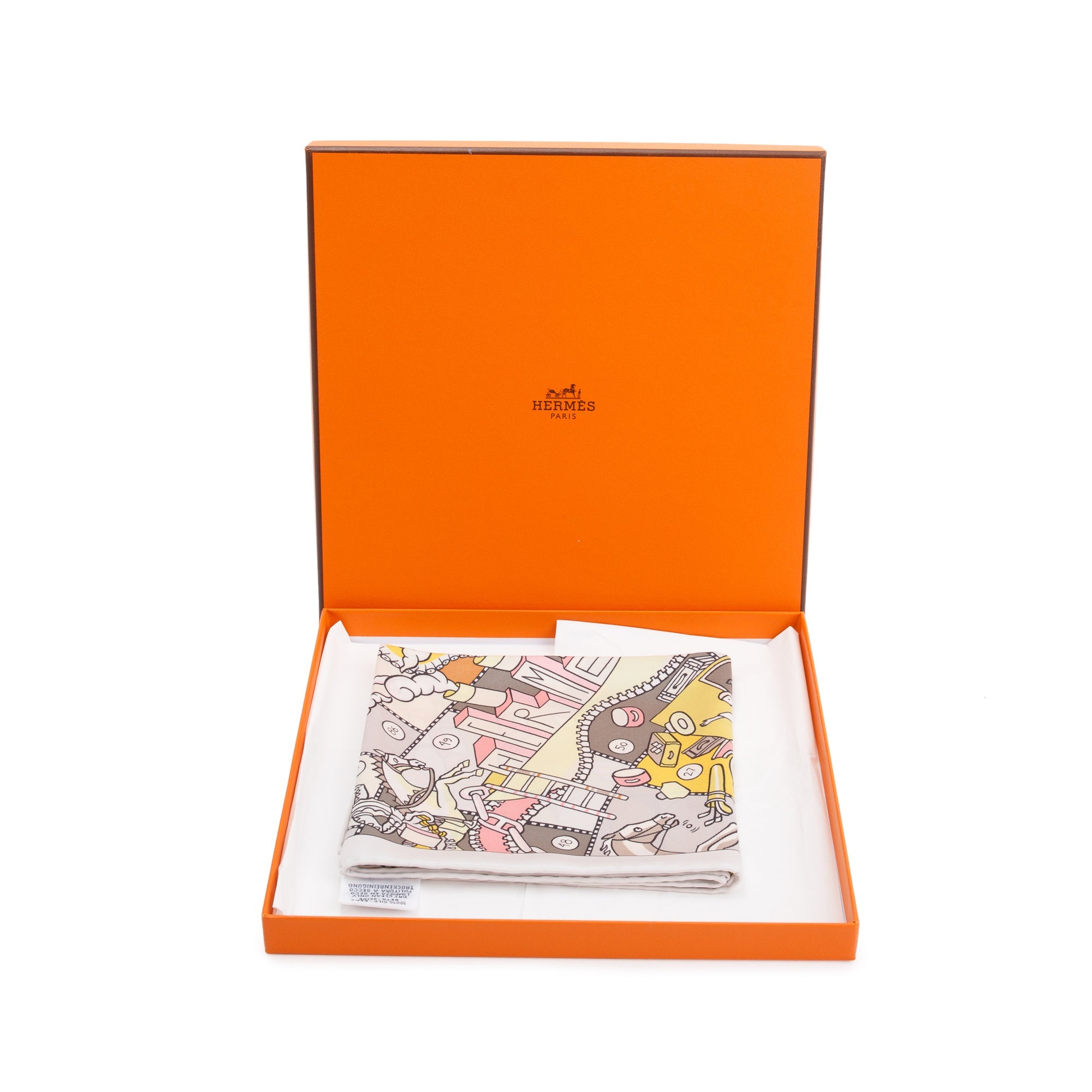 Hermes 'L'Epopee D'Hermes' White Multicolore Silk Scarf 70 w/ Box