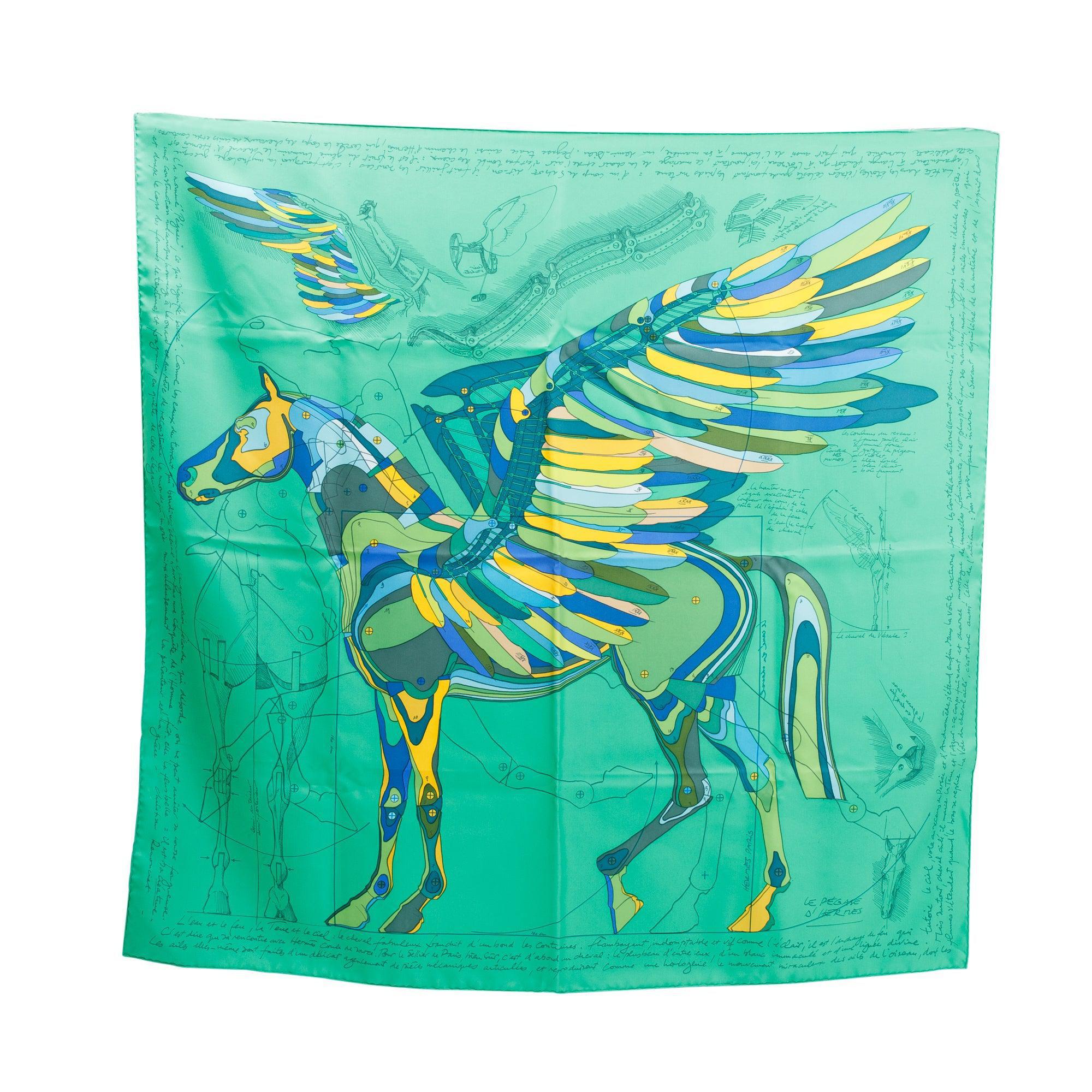 Hermes 'Le Pegase de Hermes' Green Silk Scarf 90 w/ Box