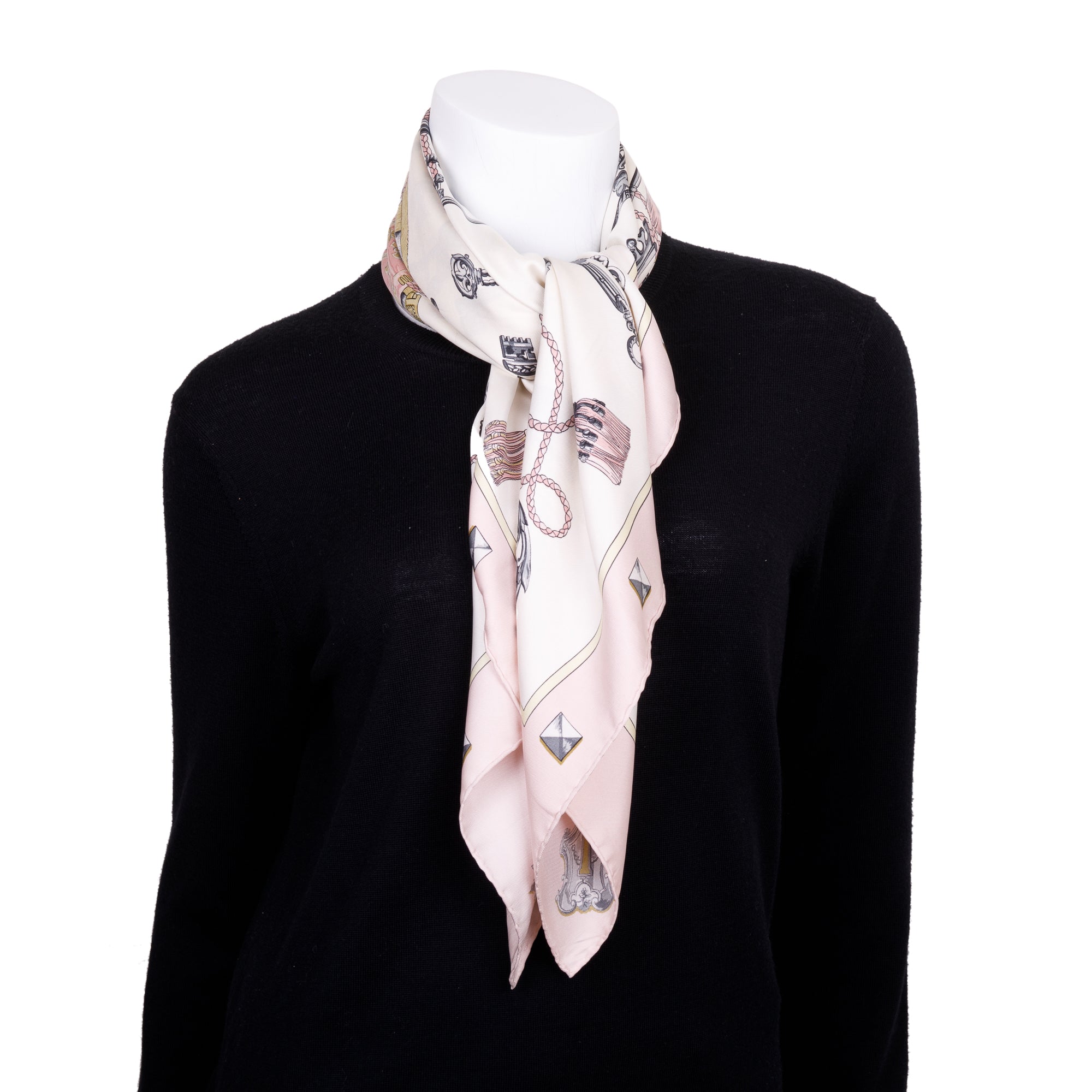 Hermes 'Les Cles Carre' Pink Multicolour Silk Scarf 90 w/ Box