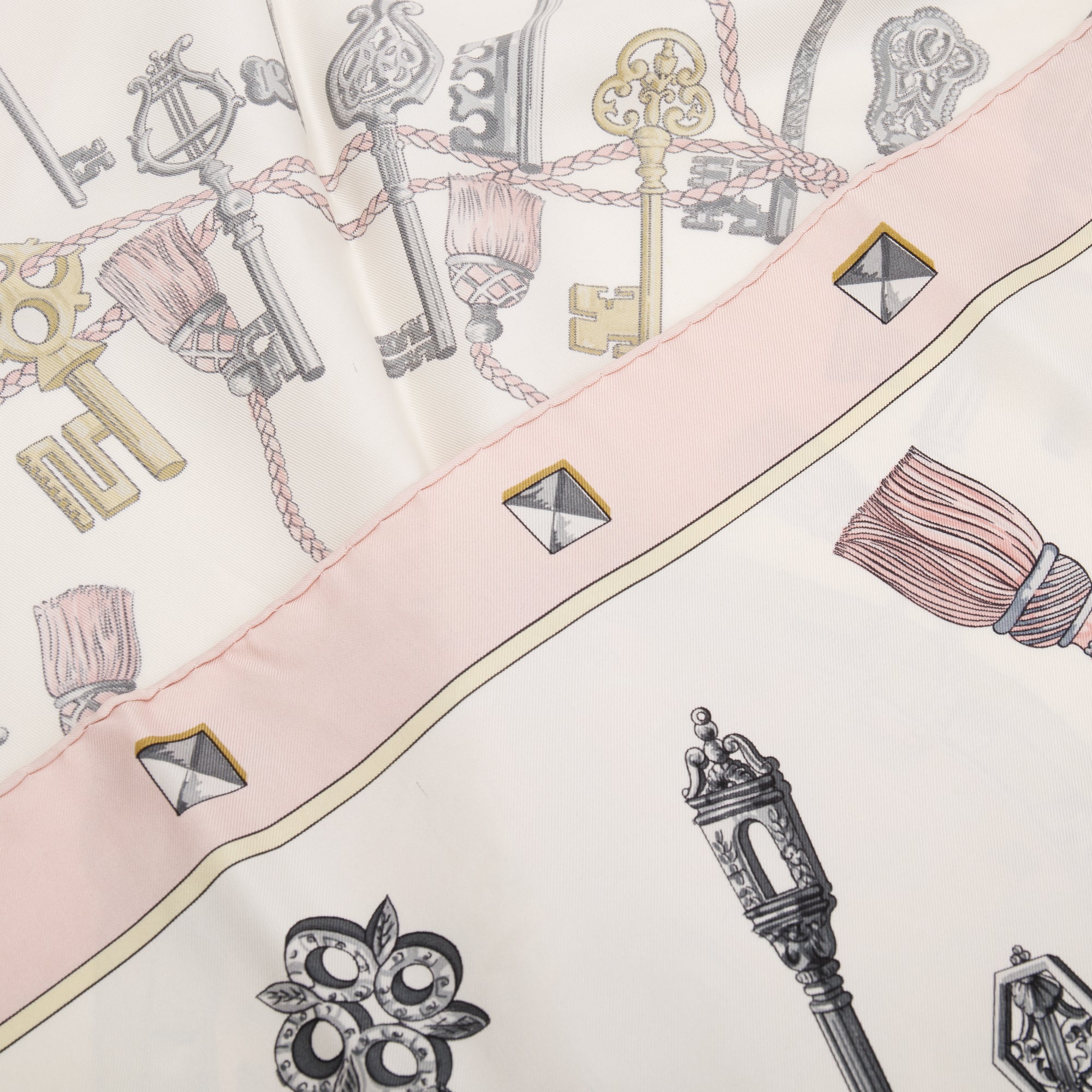 Hermes 'Les Cles Carre' Pink Multicolour Silk Scarf 90 w/ Box