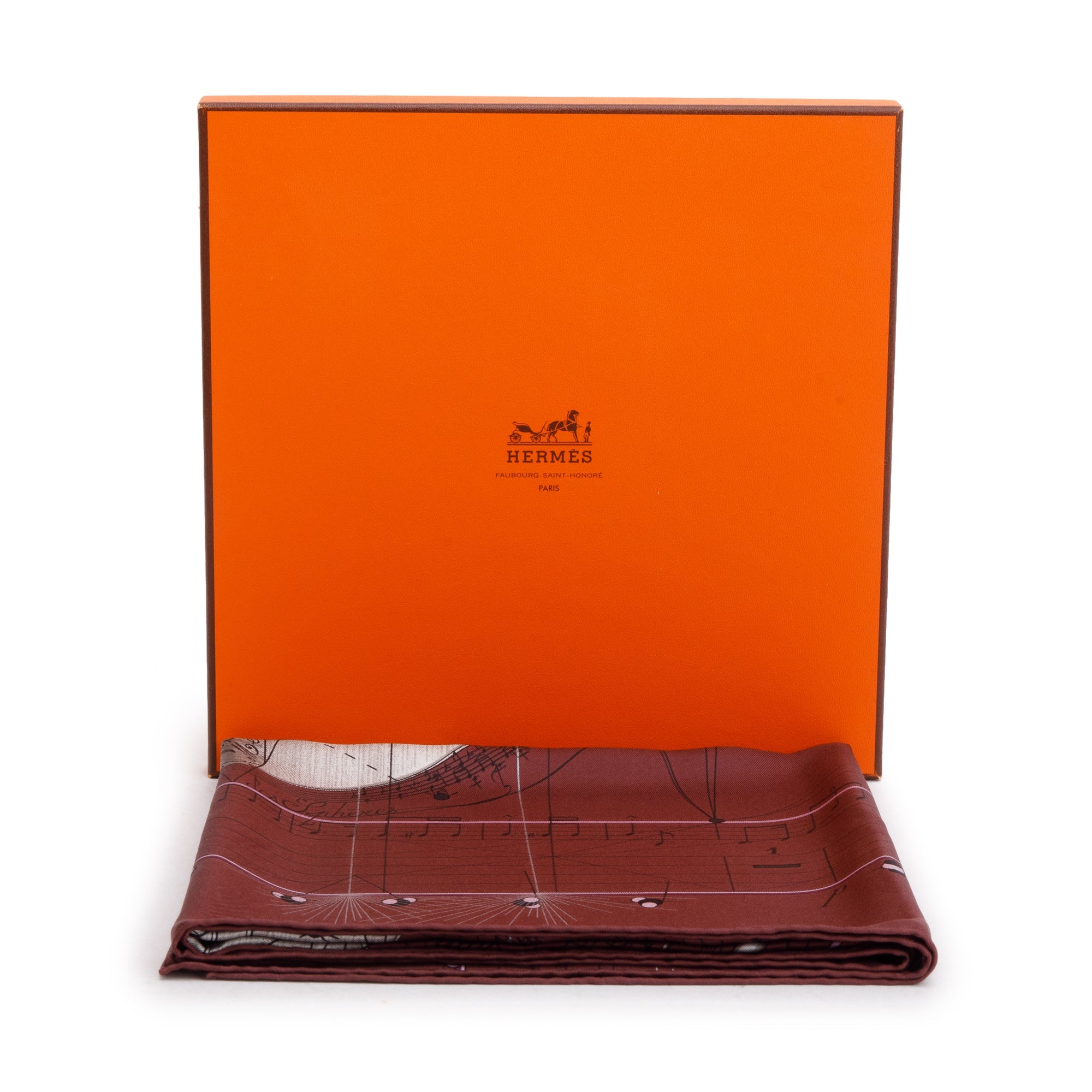 Hermes Maroon 'La Musique des Spheres' Silk Scarf 90 w/ Box