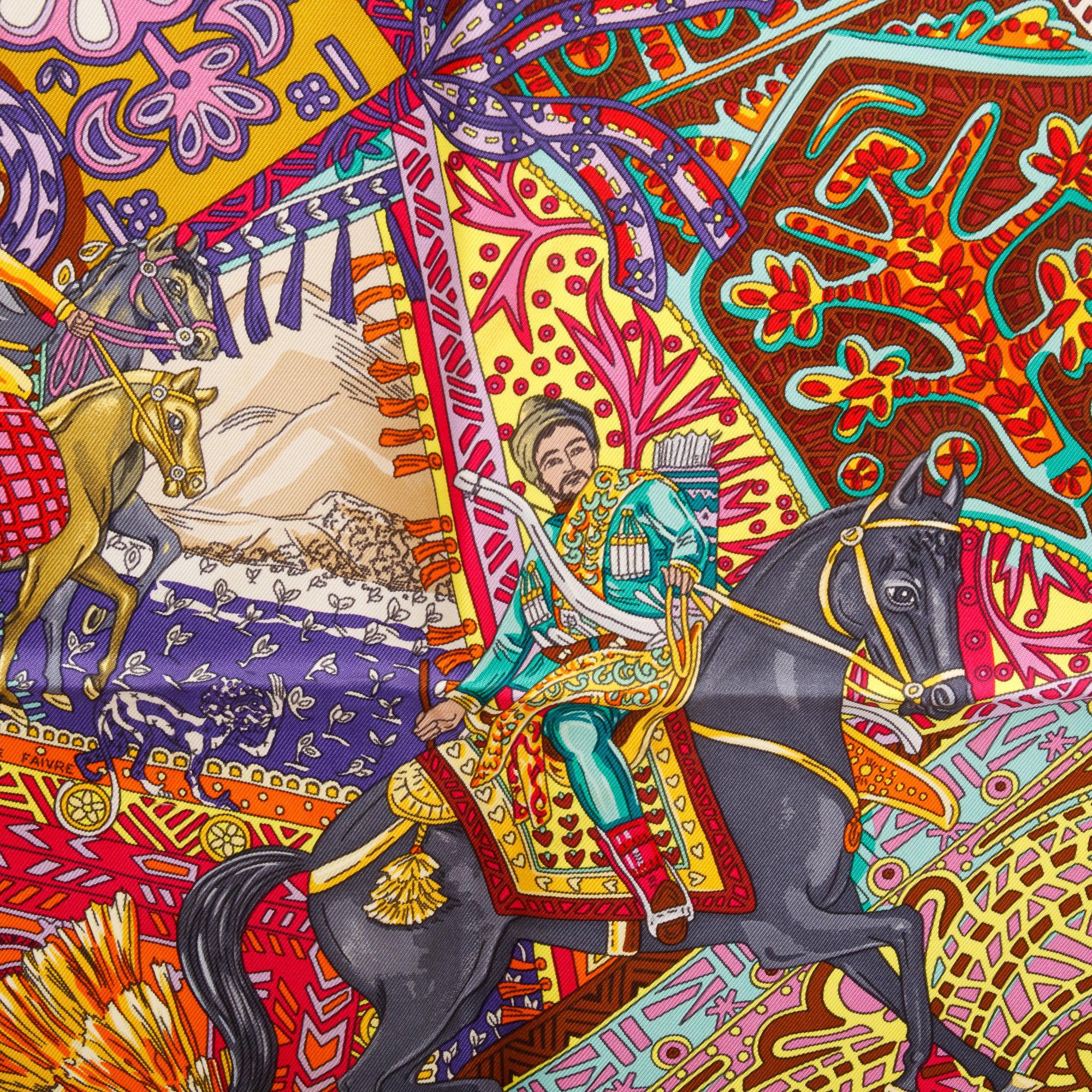 Hermes Multicolor 'Cavalieres Du Caucase' Silk Scarf 90 w/ Box
