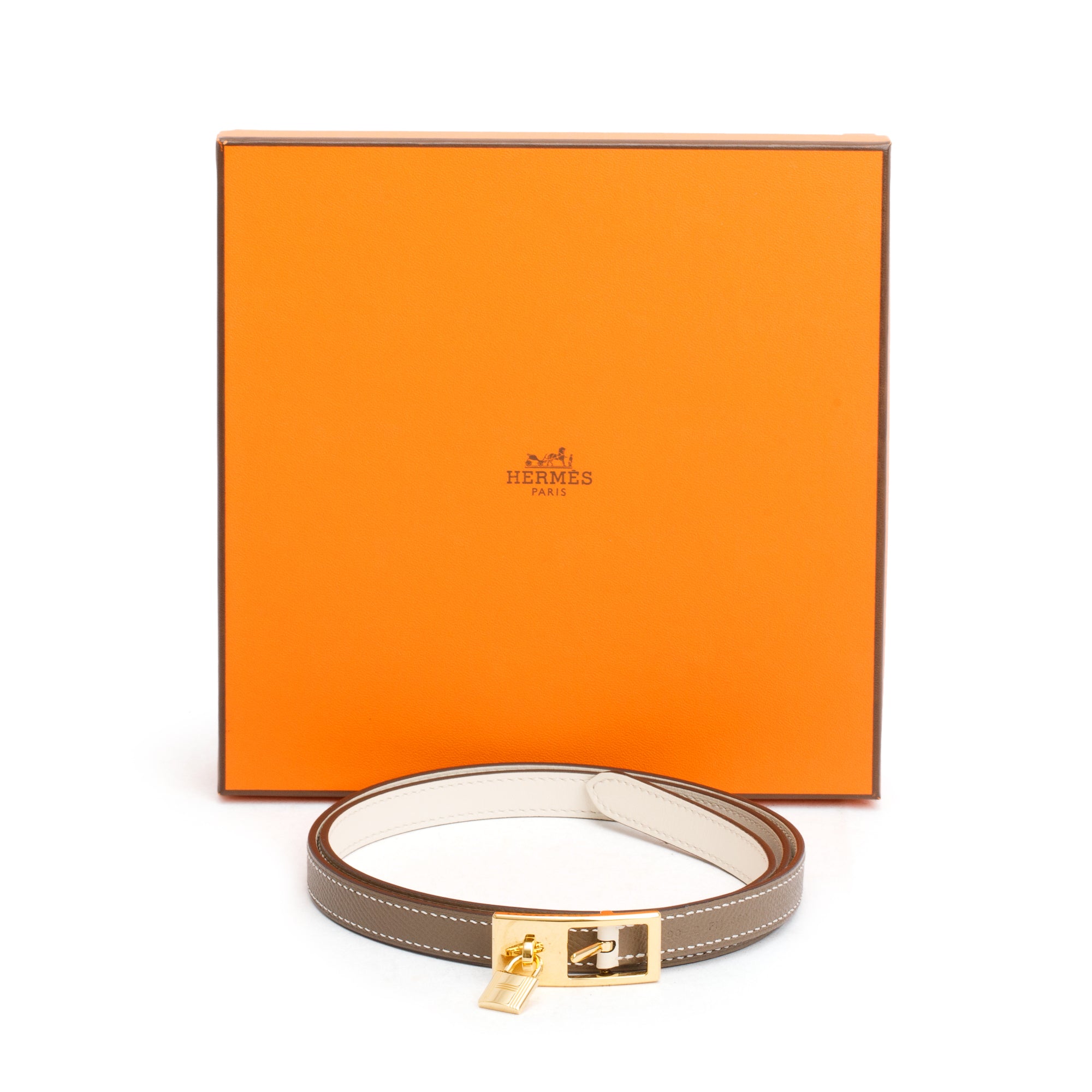 Hermes Nata/Etoupe Swift & Epsom Leather Lucky 15 Reversible Belt, Size 90 w/ Box