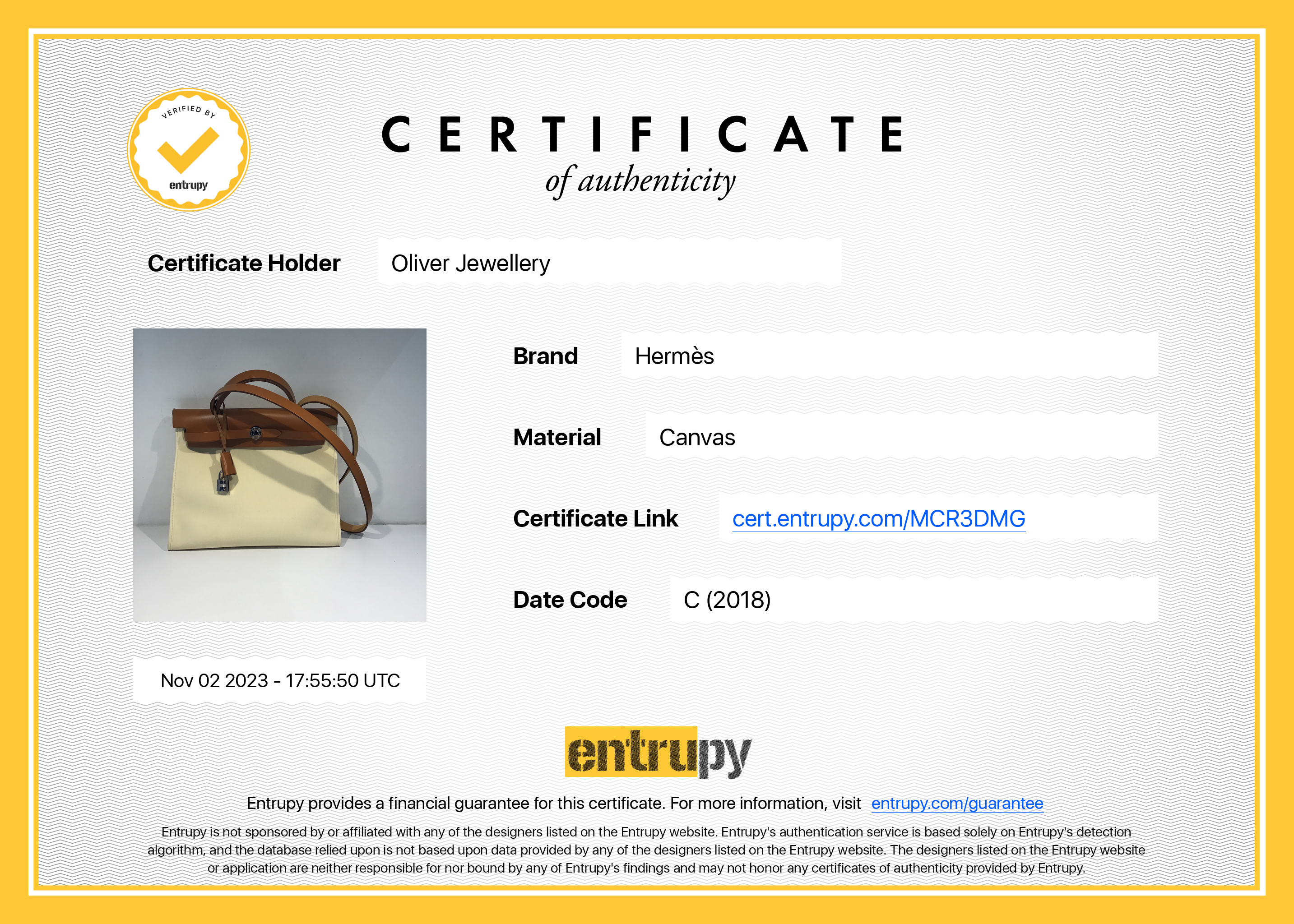 Hermes Natural Toile Militaire Vache Hunter Herbag Zip 31