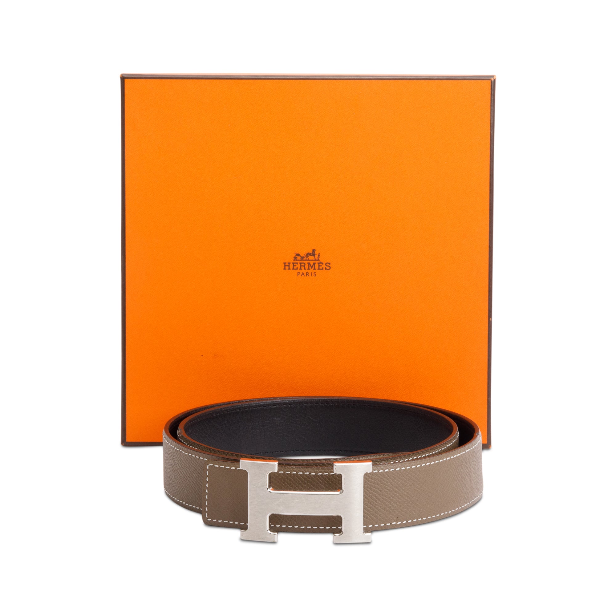 Hermes Noir Box Etain Togo Leather Reversible 32 mm H Belt Kit, Size 90 w/ Box