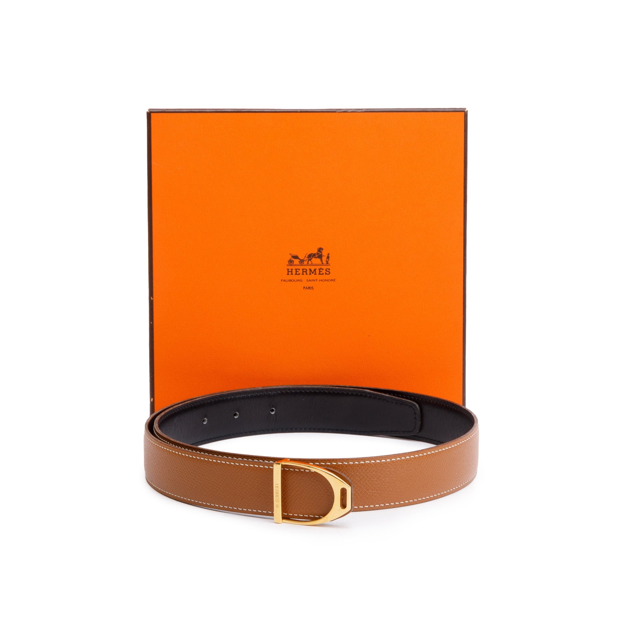 Hermes Noir Box Gold Togo Leather Reversible 32 mm Jockey Belt Kit 85 w/ Box