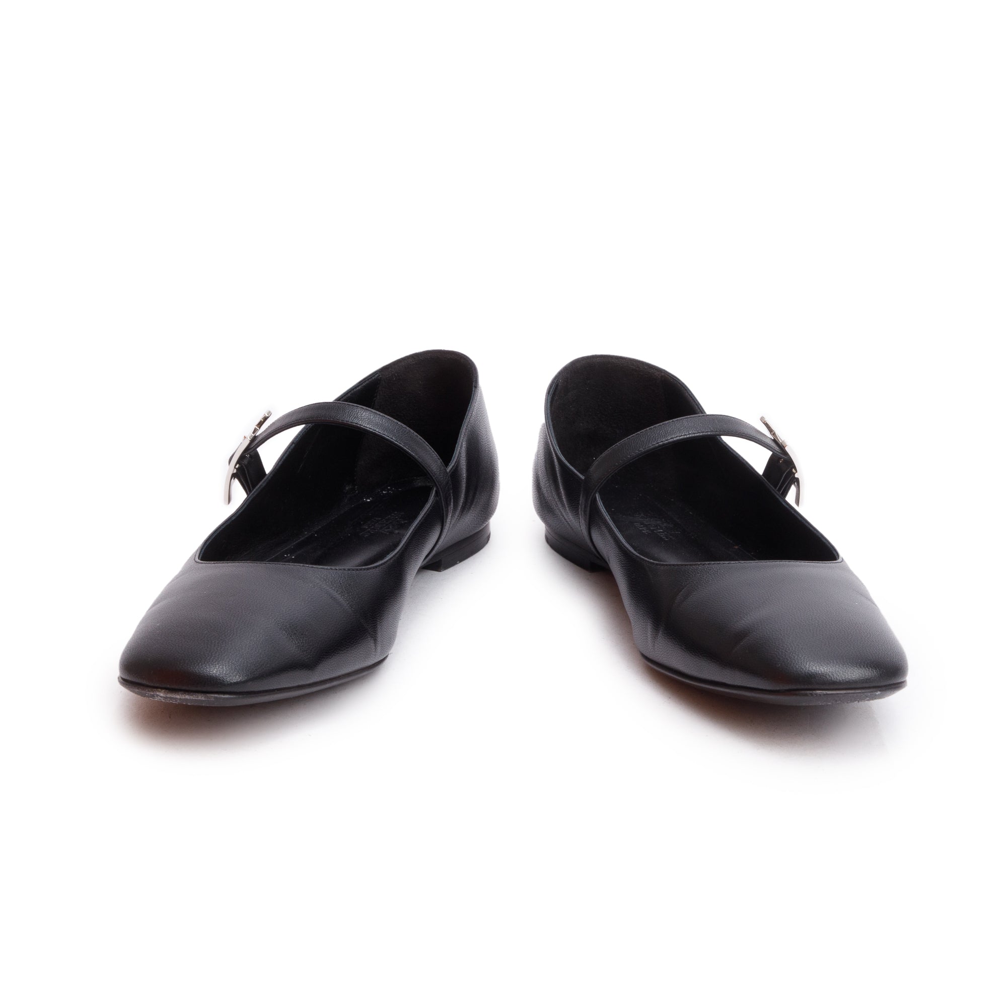 Hermes Noir Goatskin Leather Hapi Buckle Mary Jane Ballet Flat Shoes, Size 40.5 w/ Box