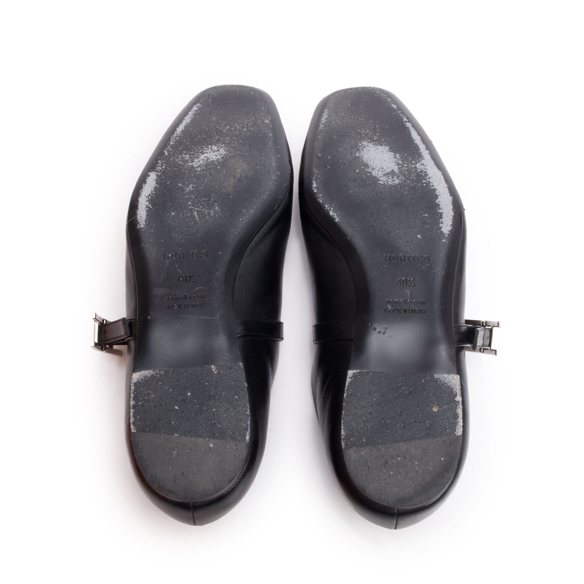 Hermes Noir Goatskin Leather Hapi Buckle Mary Jane Ballet Flat Shoes, Size 40.5 w/ Box
