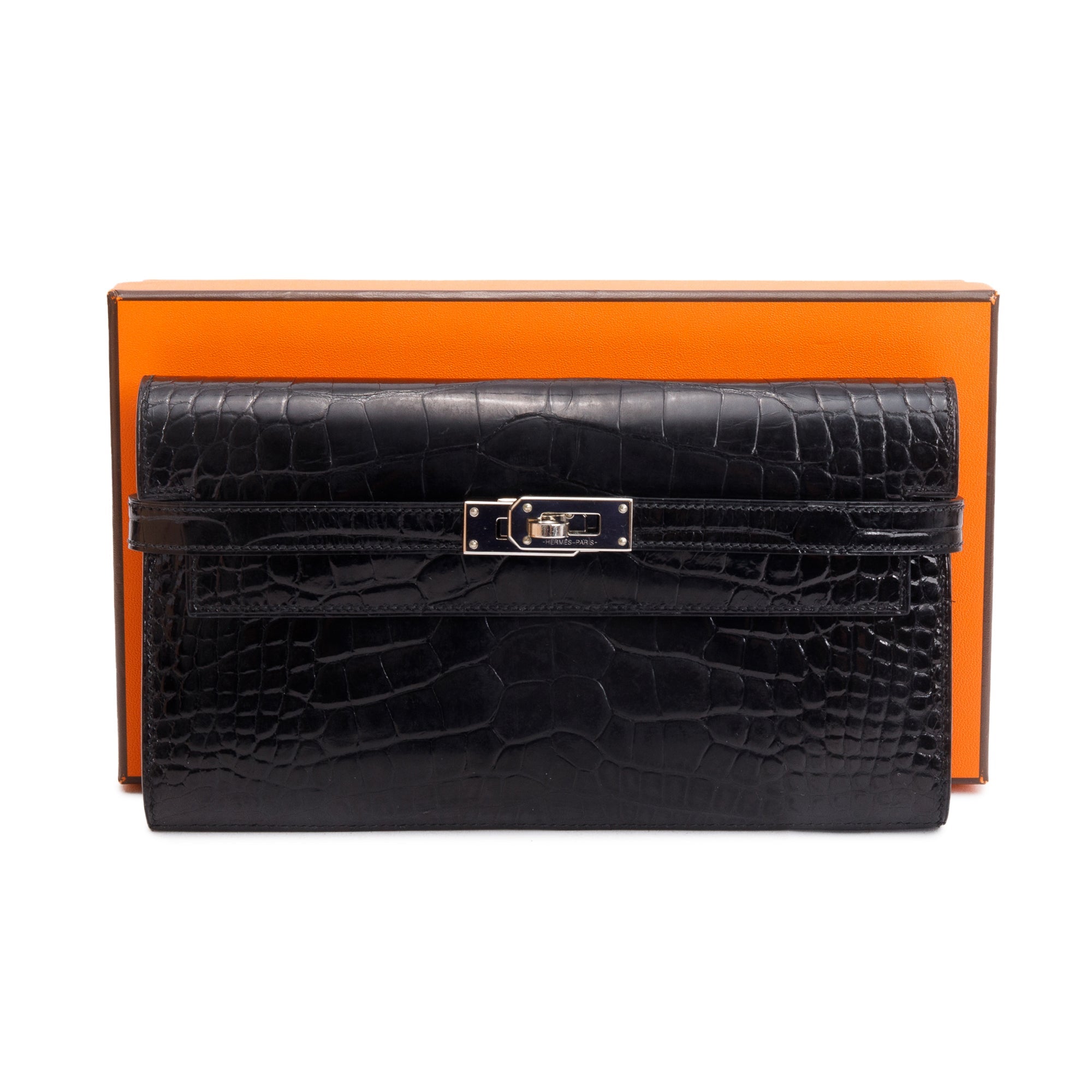 Hermes Noir Shiny Alligator Classic Kelly Longue Wallet w/ Box