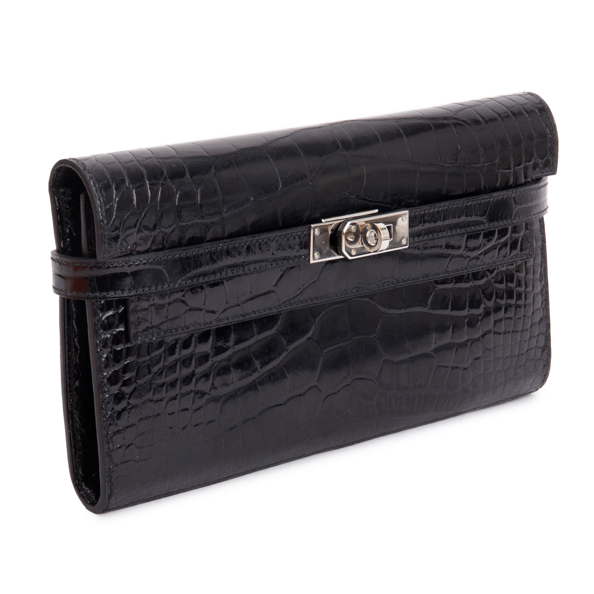 Hermes Noir Shiny Alligator Classic Kelly Longue Wallet w/ Box