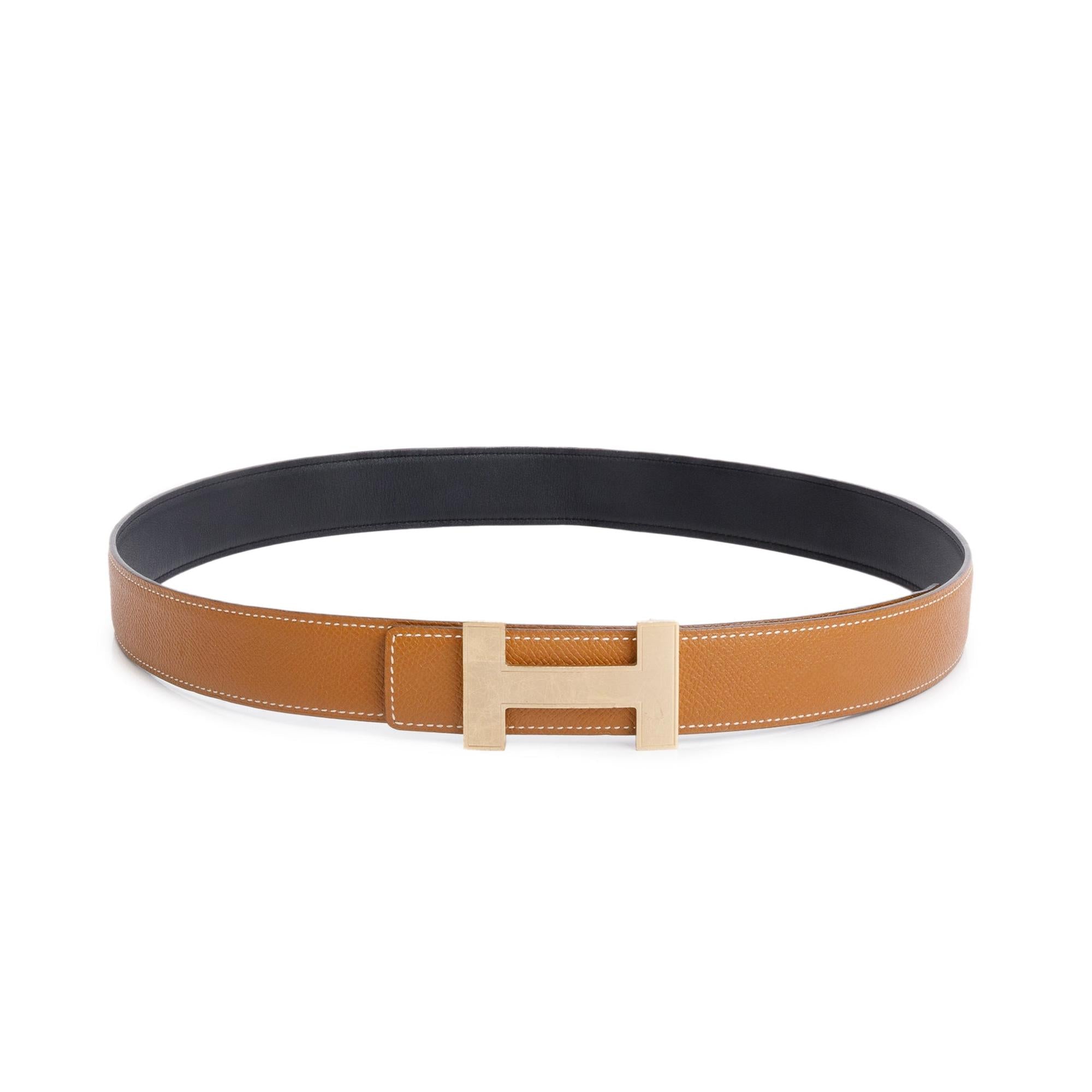 Hermes Noir/Gold Box Togo Leather Reversible 32 mm Focus H Belt Kit 95