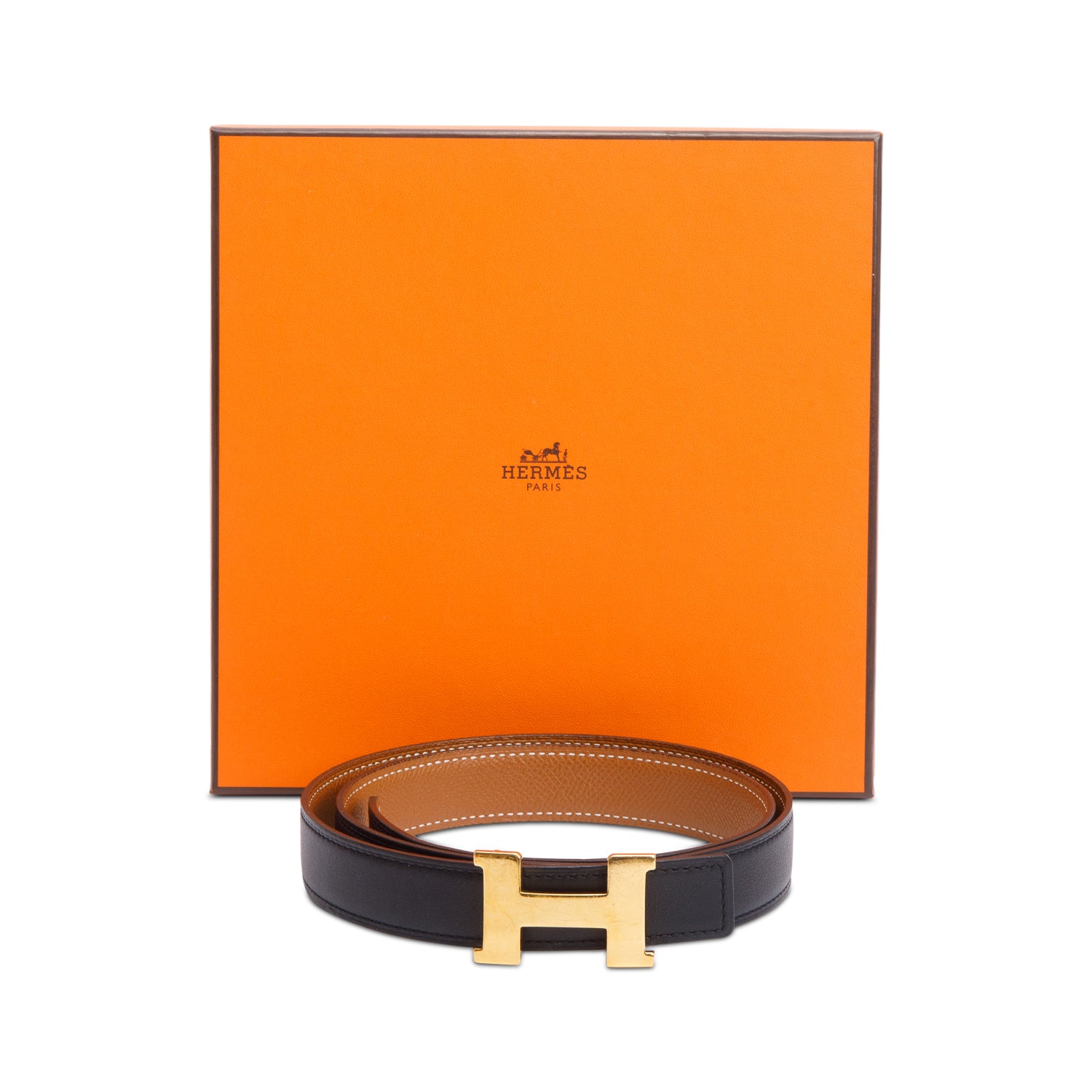 Hermes Noir/Gold Swift & Epsom Leather Reversible 24 MM Gold Plated H Belt Kit w/ Box