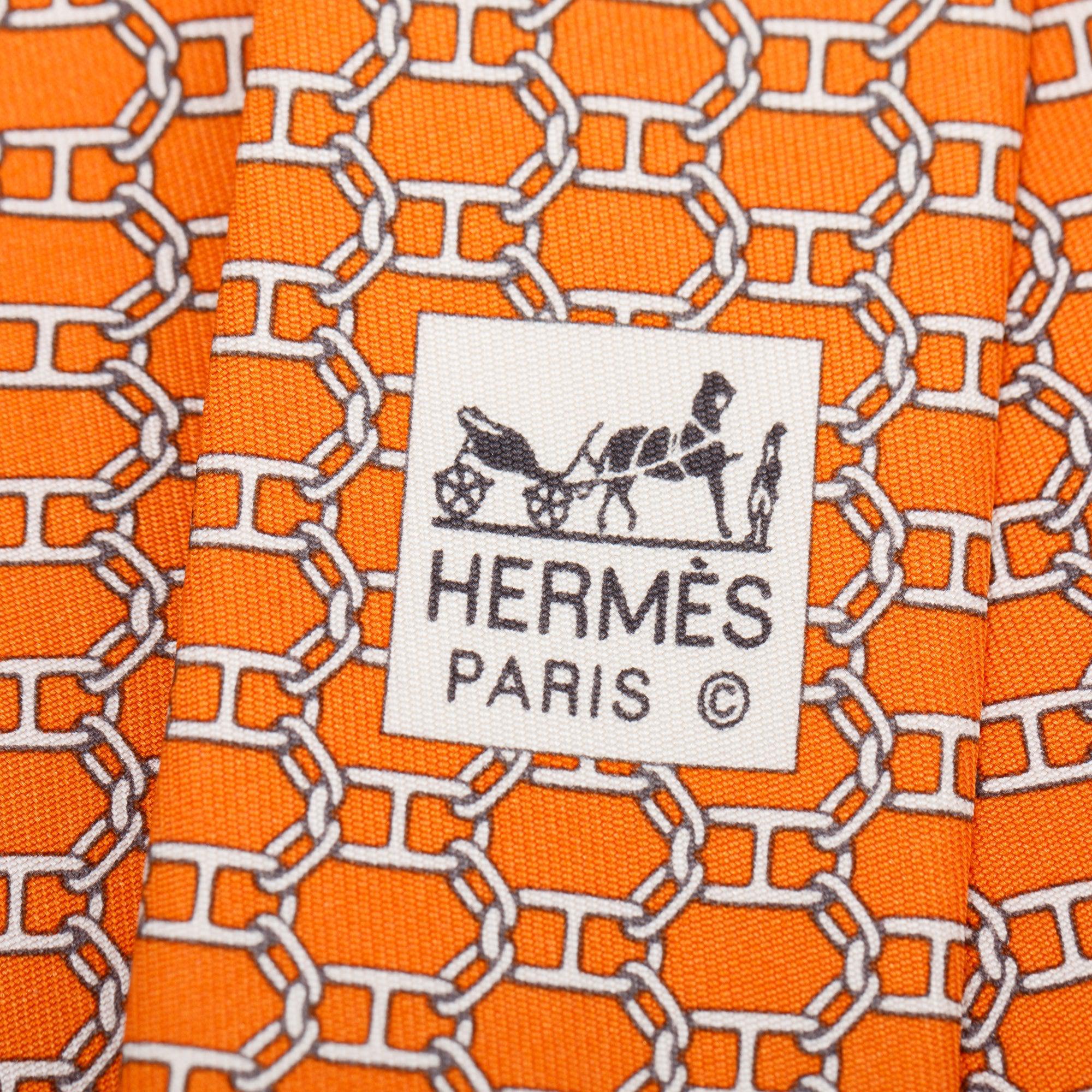 Hermes Orange 5405 OA Printed Silk Tie