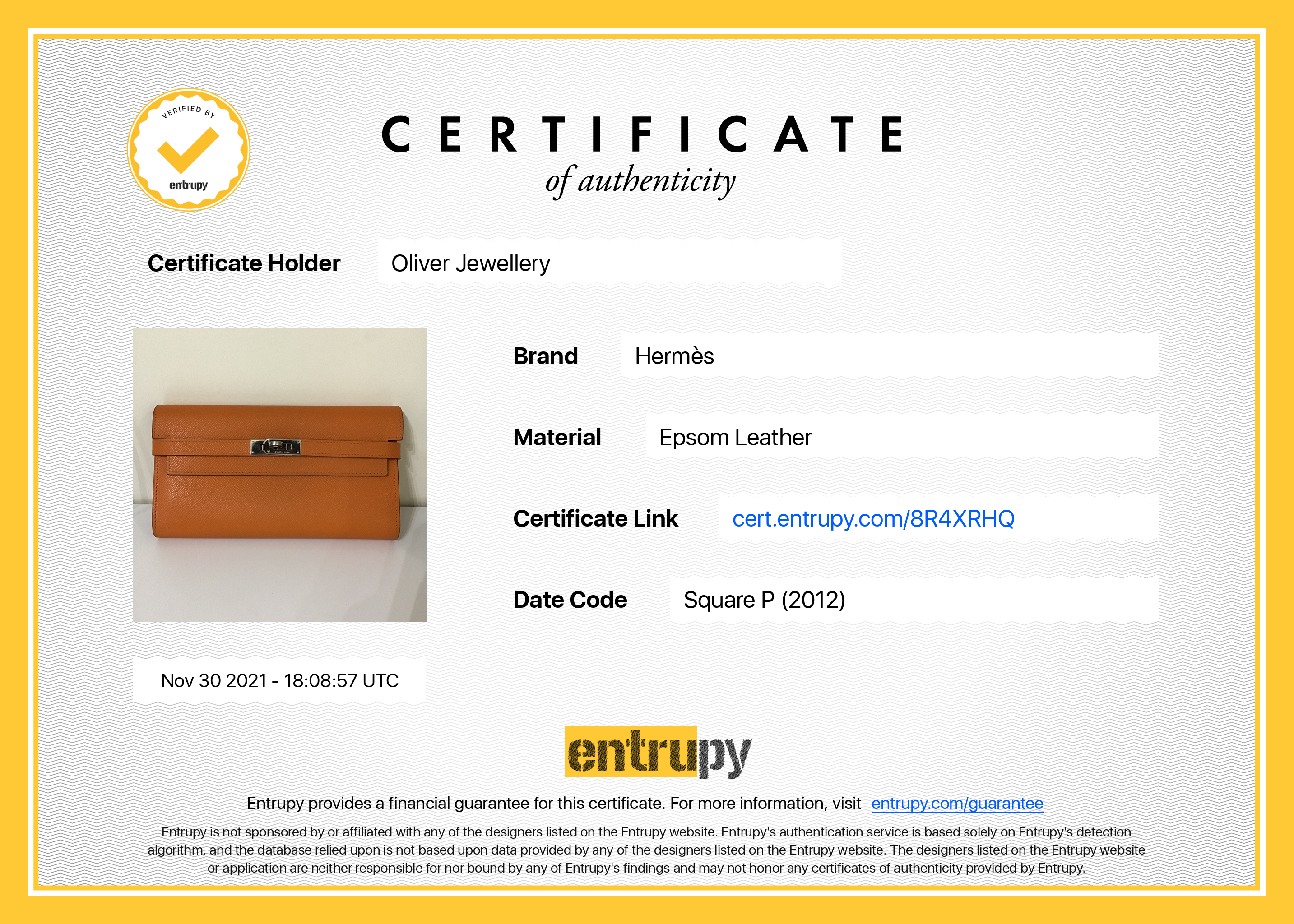 Hermes Orange Epsom Classic Kelly Wallet w/ Box