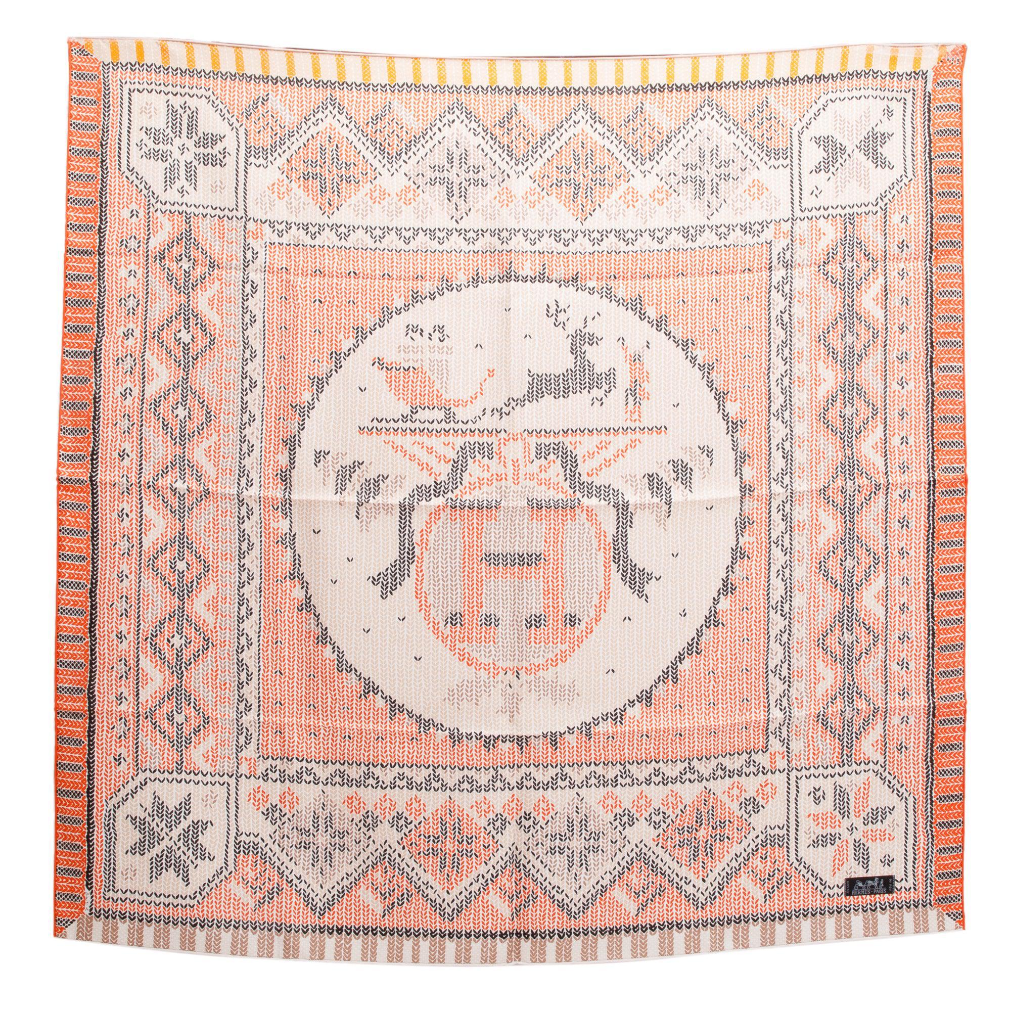 Hermes Orange Multicolor 'Coin Du Feu' Silk Scarf 90 w/ Box & Receipt