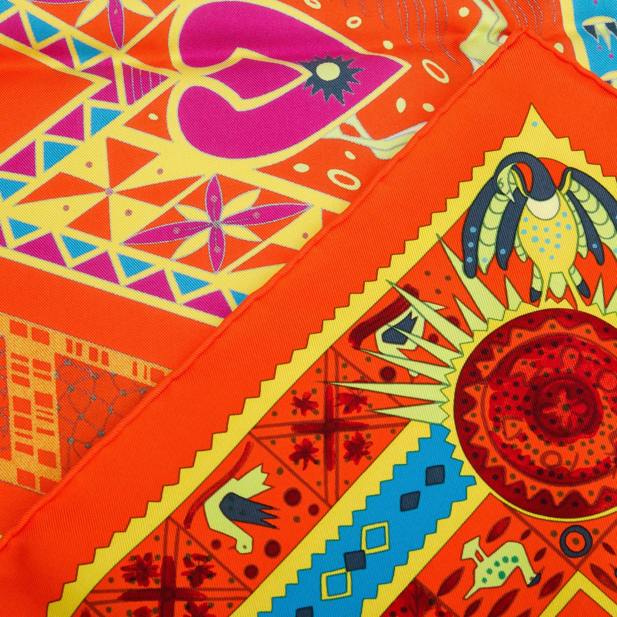 Hermes Orange Multicolor 'Ors Bleu D'Afrique'' Silk Scarf 90 w/ Box