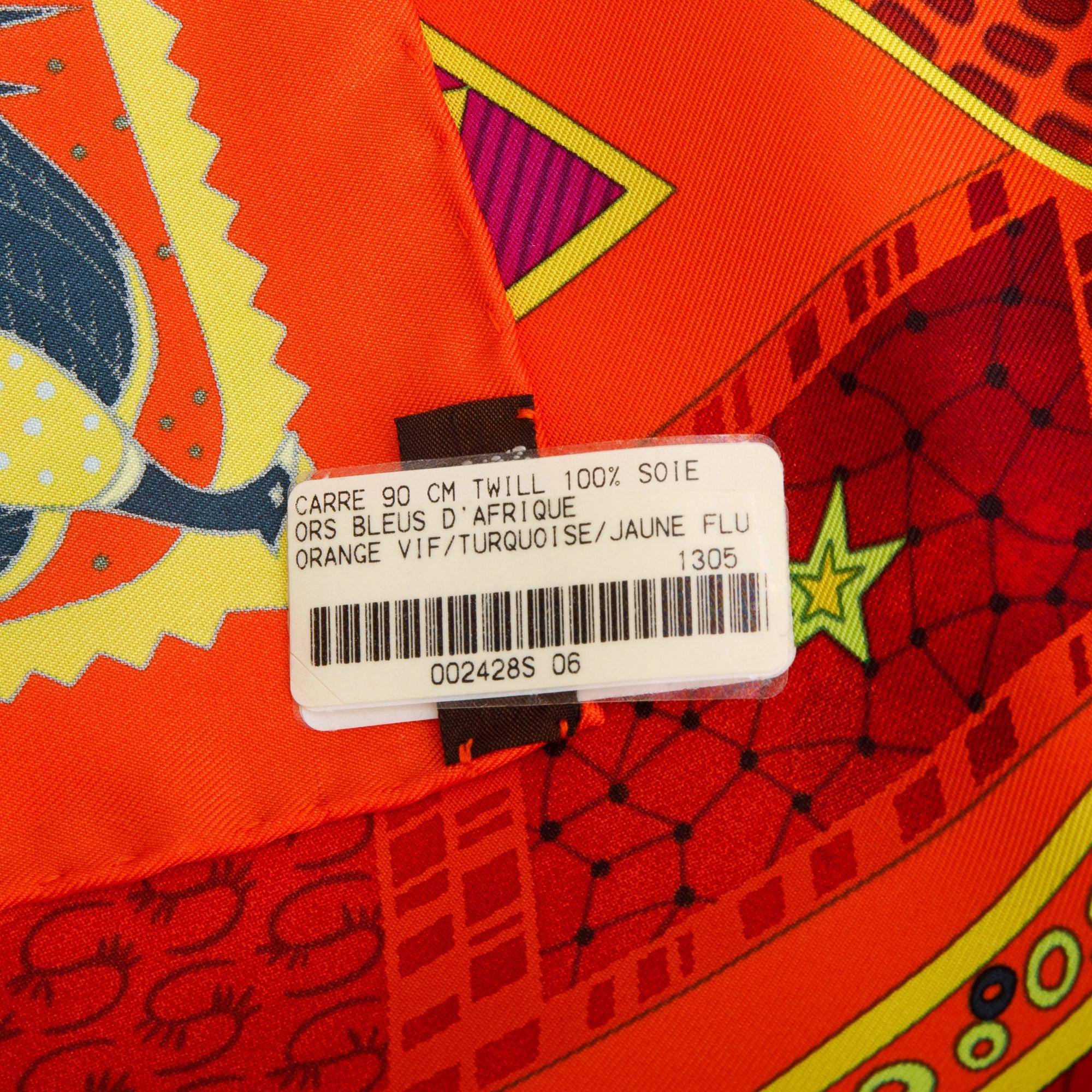 Hermes Orange Multicolor 'Ors Bleu D'Afrique'' Silk Scarf 90 w/ Box