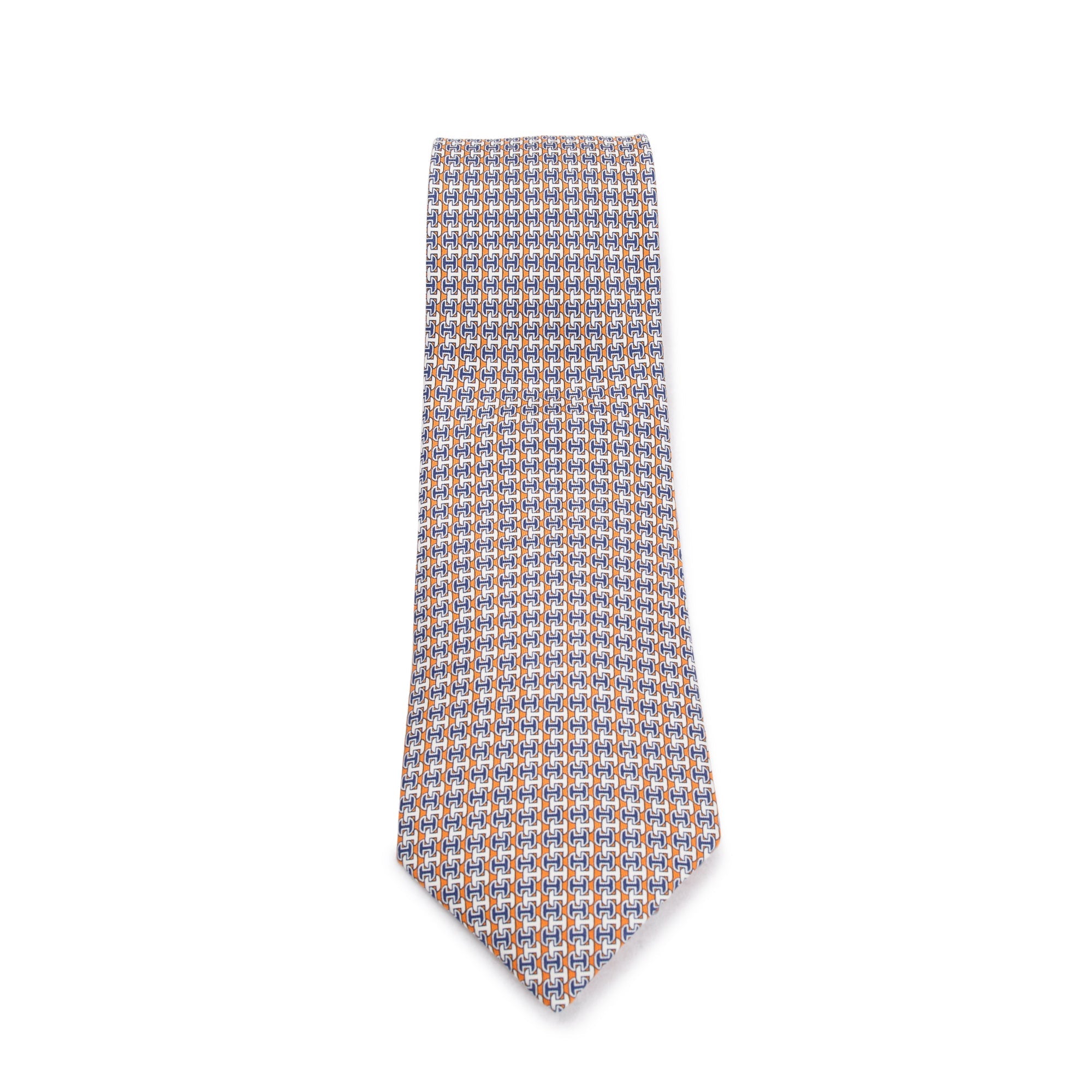 Hermes Orange/Blue 5335 TA Printed Silk Tie
