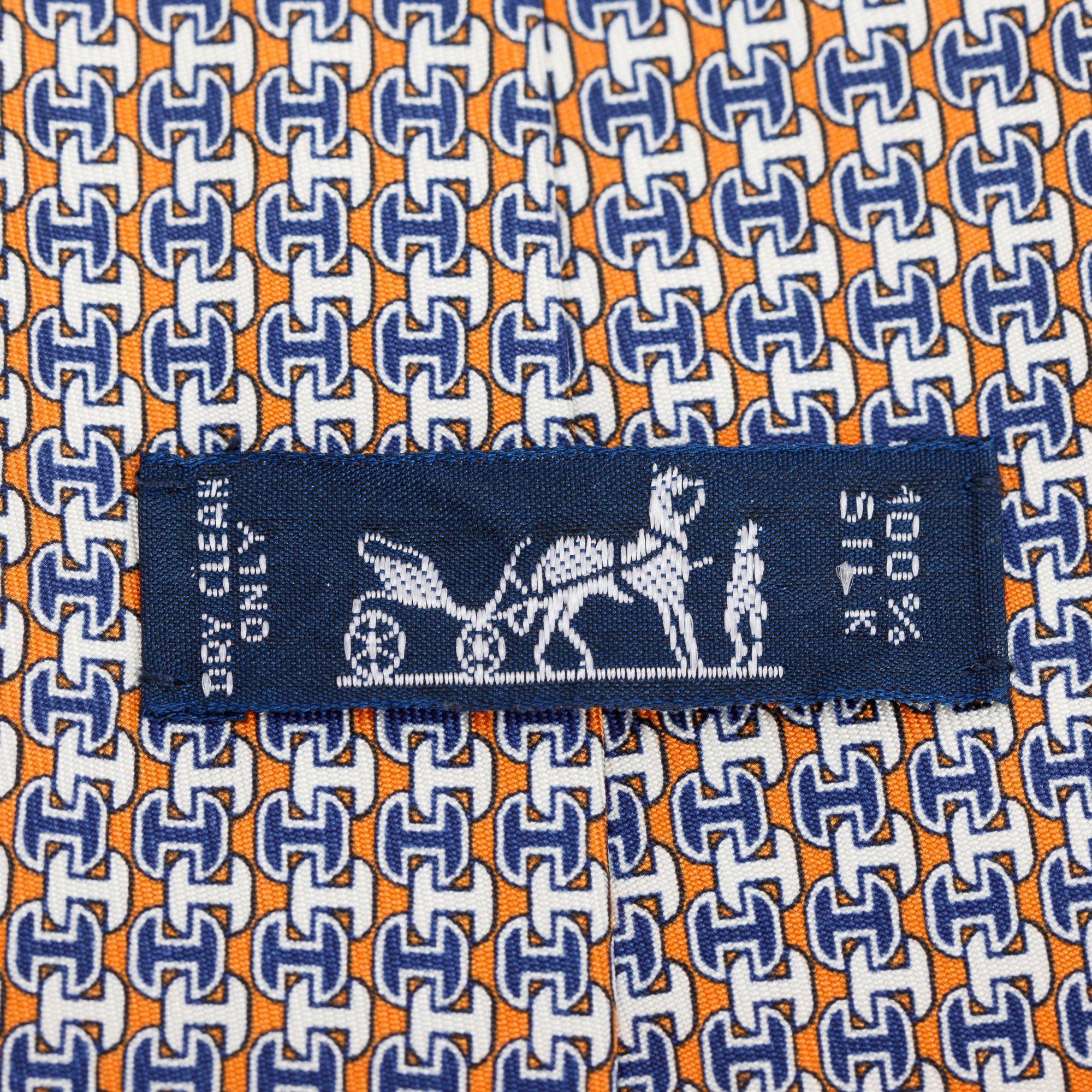 Hermes Orange/Blue 5335 TA Printed Silk Tie
