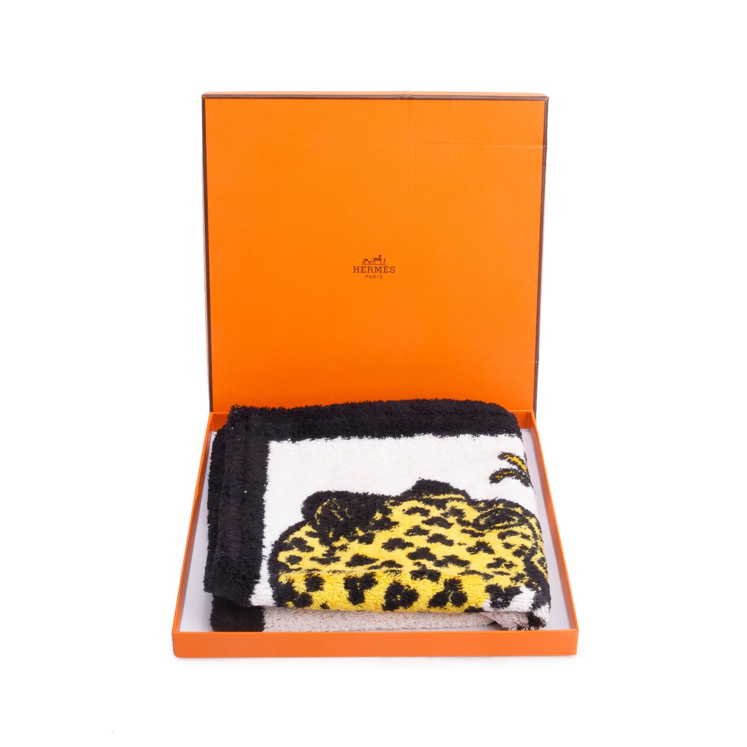 Hermes Orange/Multicolor 'Caledo Plage Leopards' Cotton Square Bath Towel w/ Box