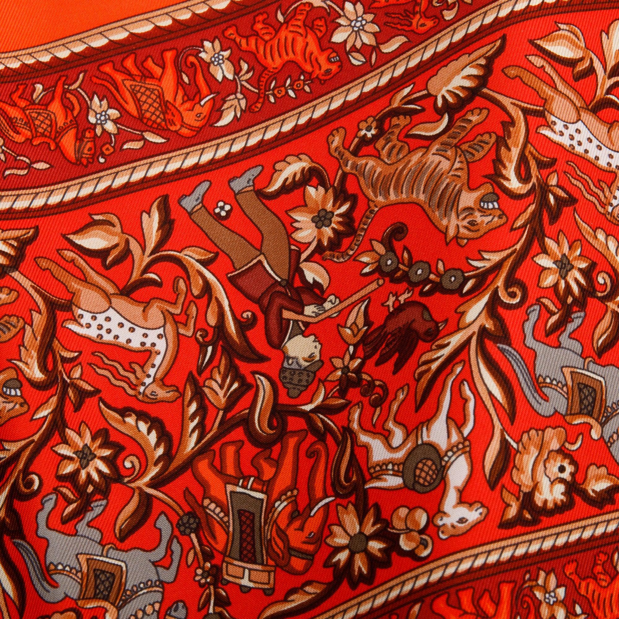 Hermes Orange/Red 'Chasse En Inde En Soie' Silk Scarf 90 w/ Box