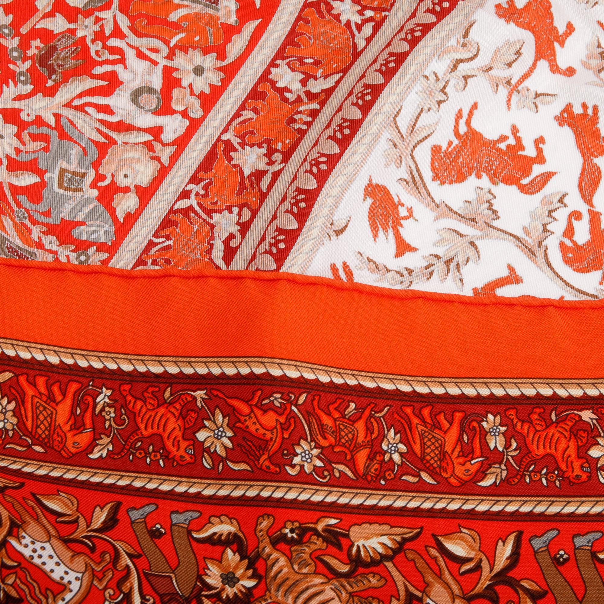 Hermes Orange/Red 'Chasse En Inde En Soie' Silk Scarf 90 w/ Box