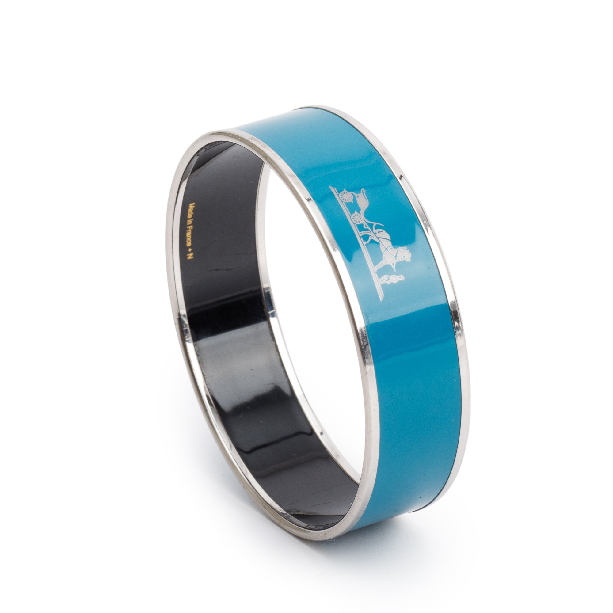 Hermes Paladium-Plated Calèche Blue Enamel Wide Bangle