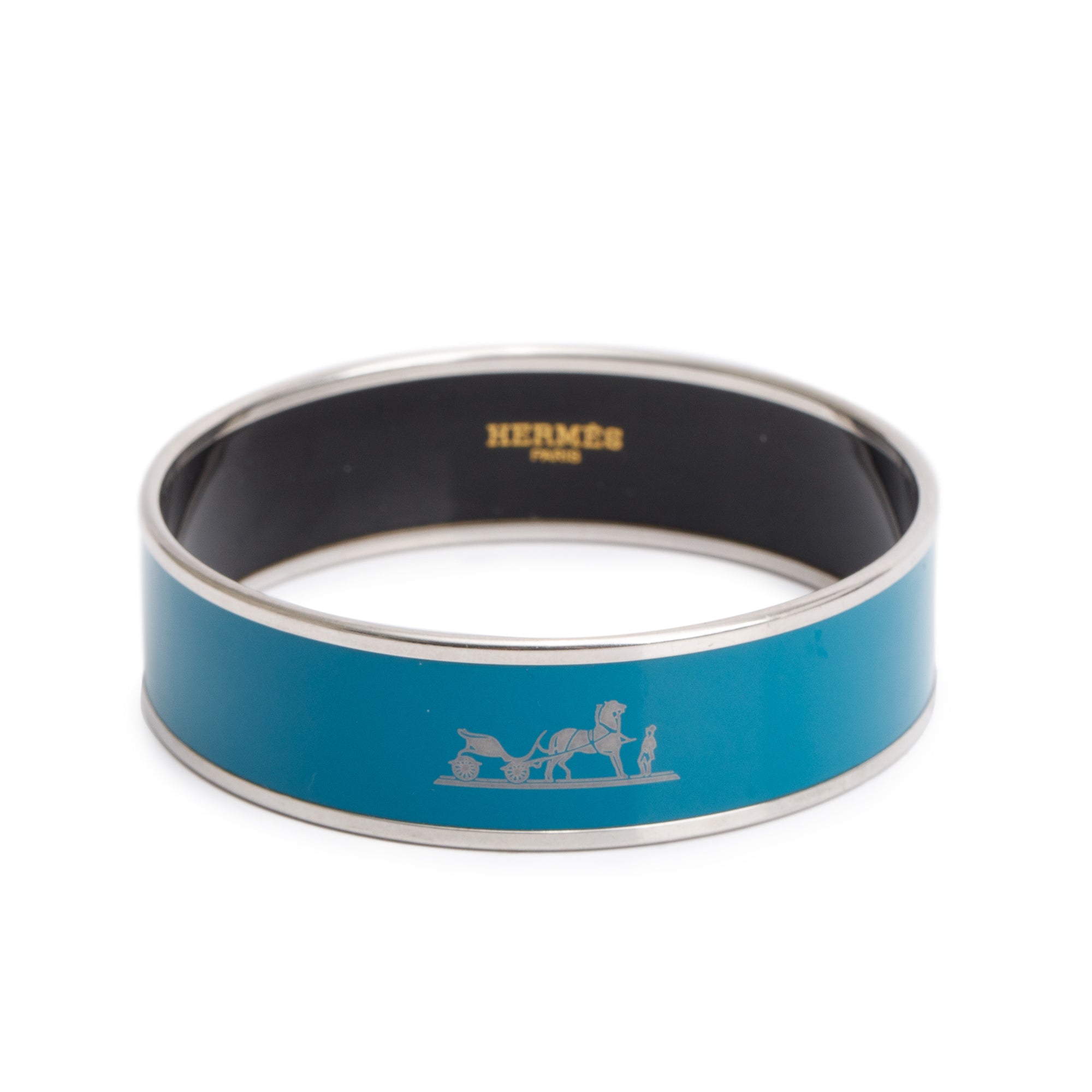 Hermes Paladium-Plated Calèche Blue Enamel Wide Bangle
