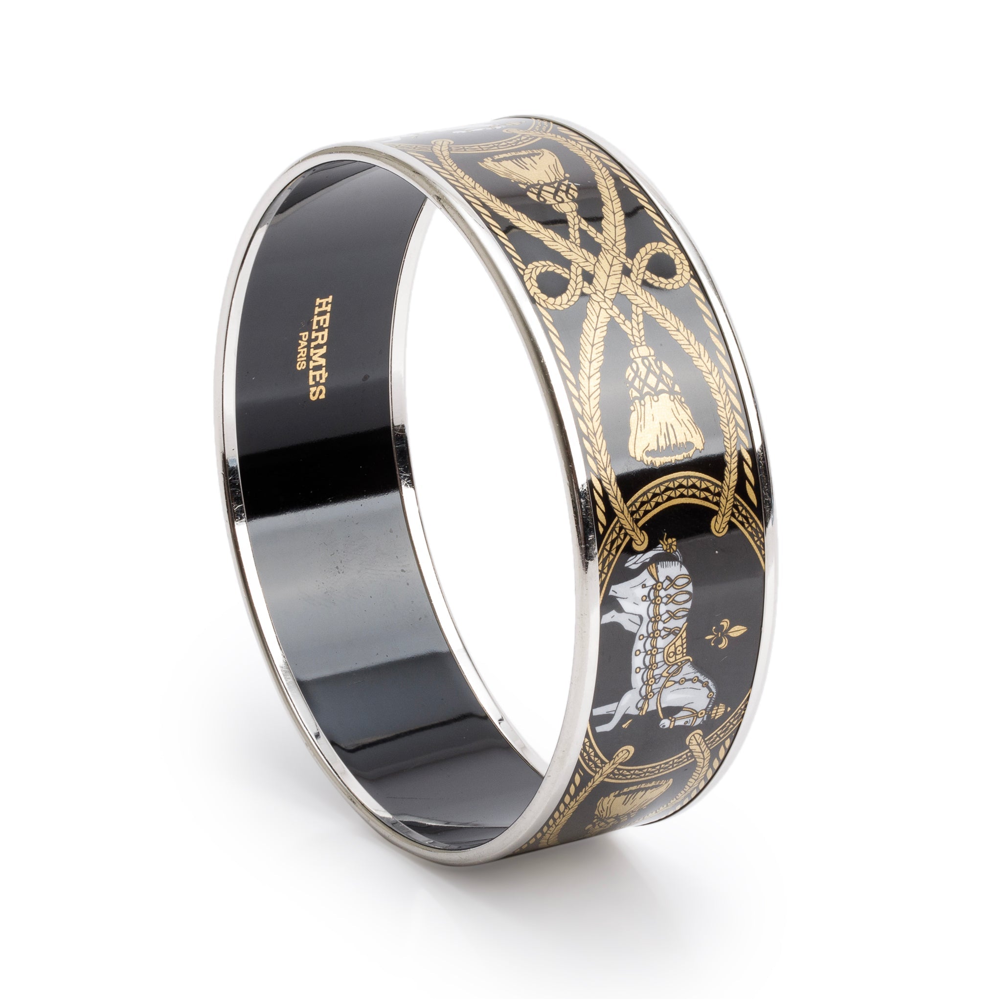 Hermes Paladium-Plated Grand Apparat Enamel Wide Bangle