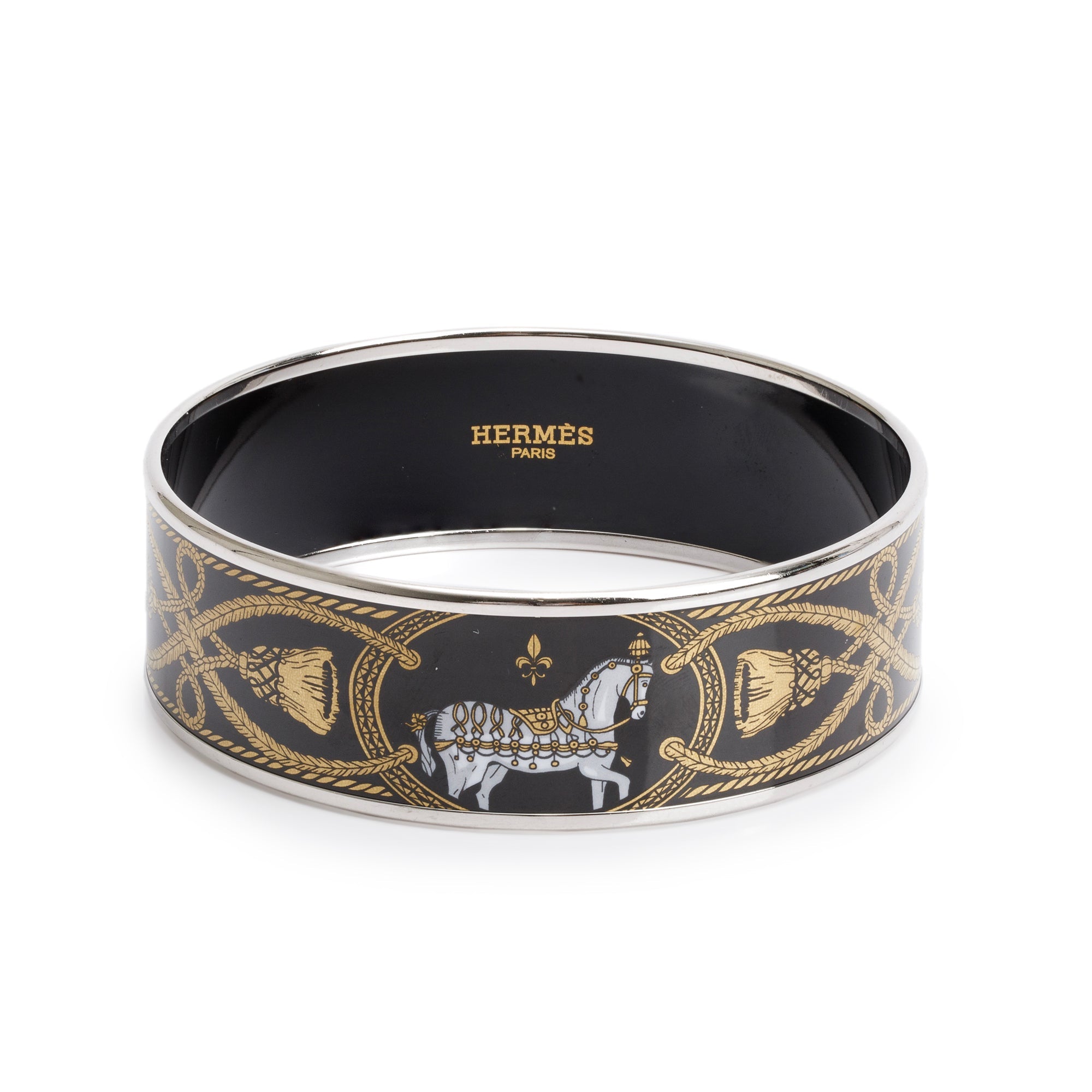 Hermes Paladium-Plated Grand Apparat Enamel Wide Bangle