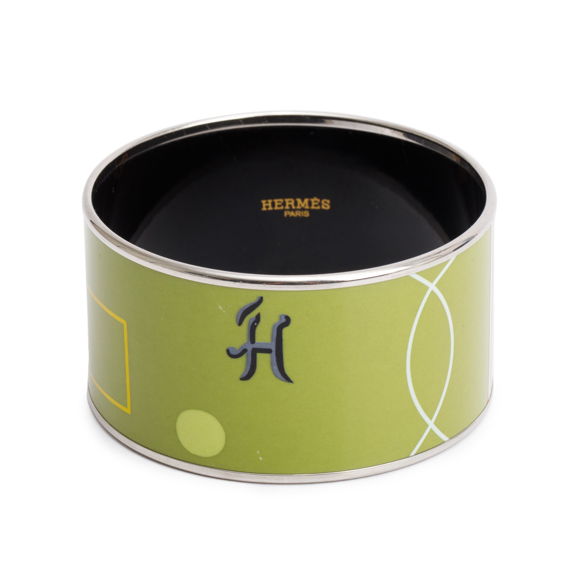Hermes Paladium-Plated Green Enamel Extra Wide Bangle