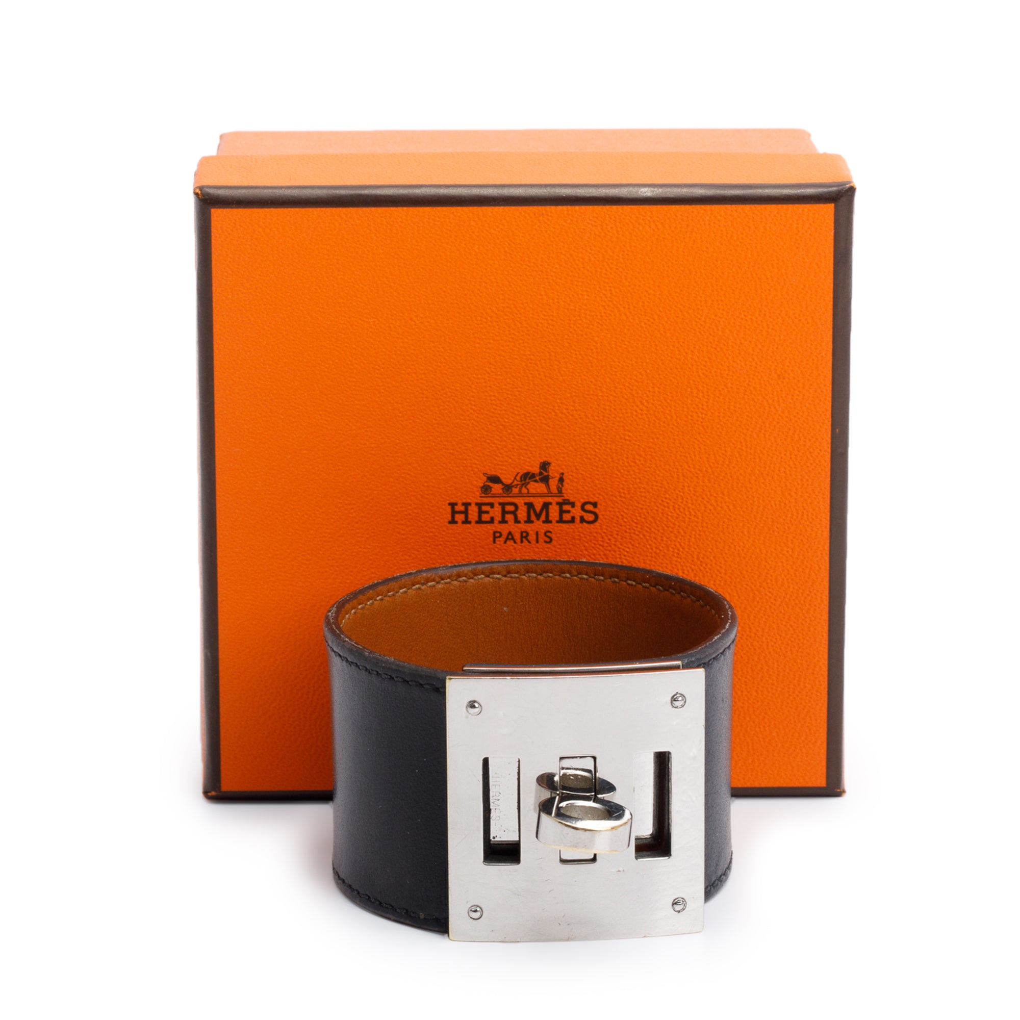 Hermes Palladium-Plated Black Box Calfskin Leather Kelly Dog Bracelet, Size T2 w/ Box