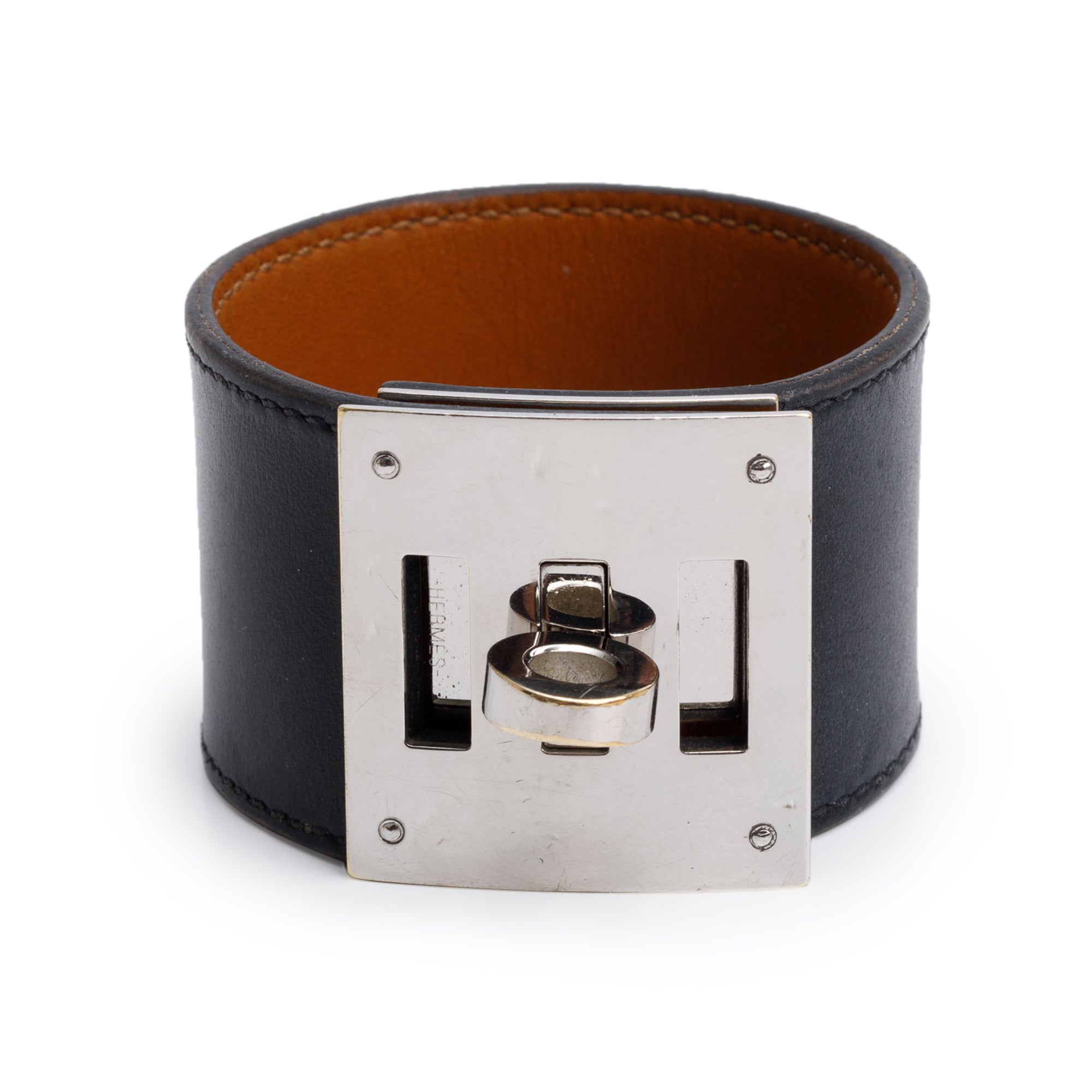 Hermes Palladium-Plated Black Box Calfskin Leather Kelly Dog Bracelet, Size T2 w/ Box