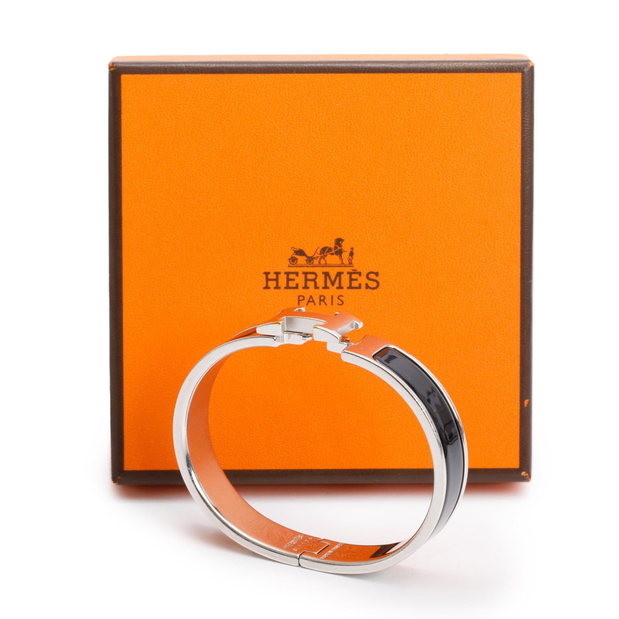 Hermes Palladium Plated Black Enamel 12 MM Clic H Bracelet w/ Box