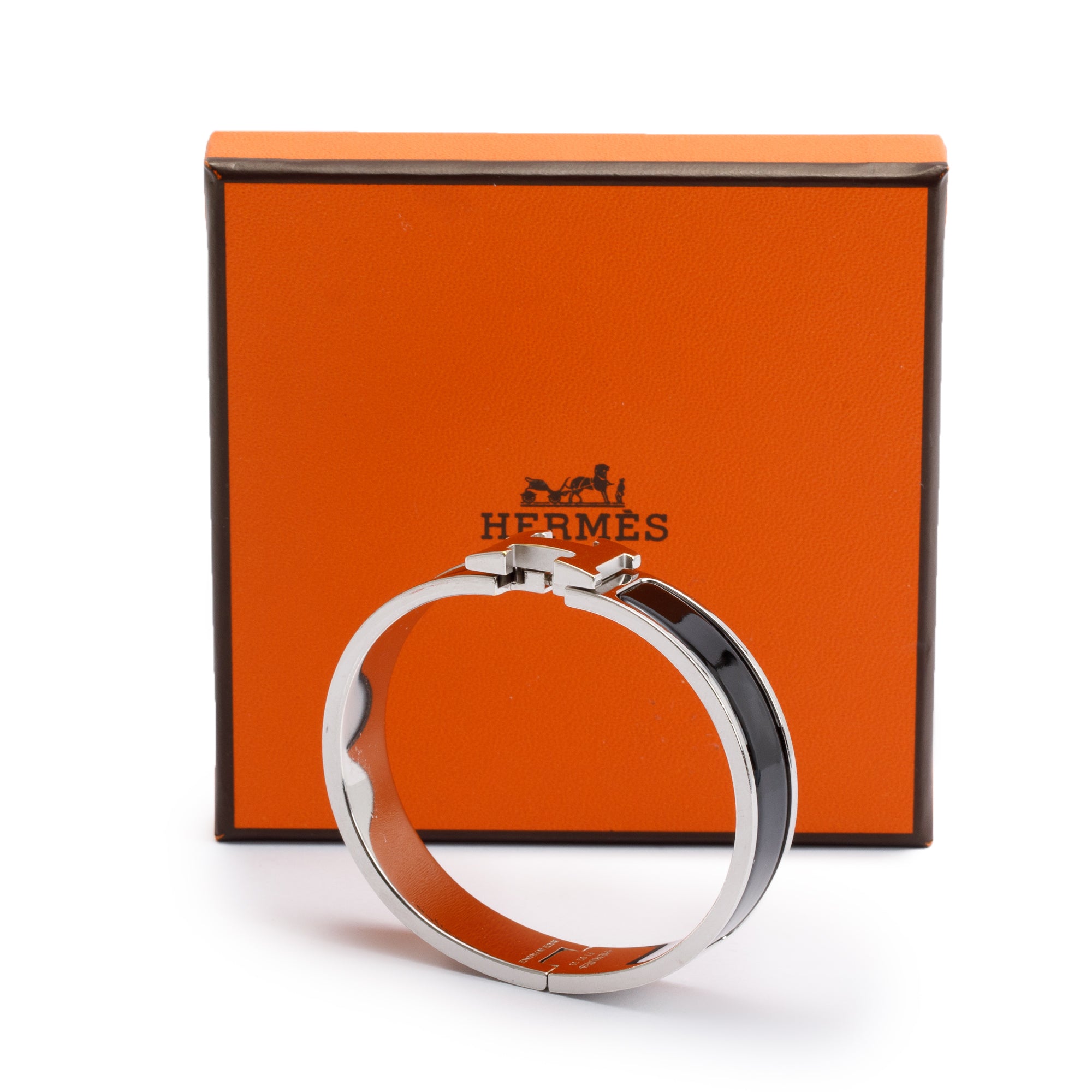 Hermes Palladium Plated Black Enamel 12 MM Clic H Bracelet w/ Box