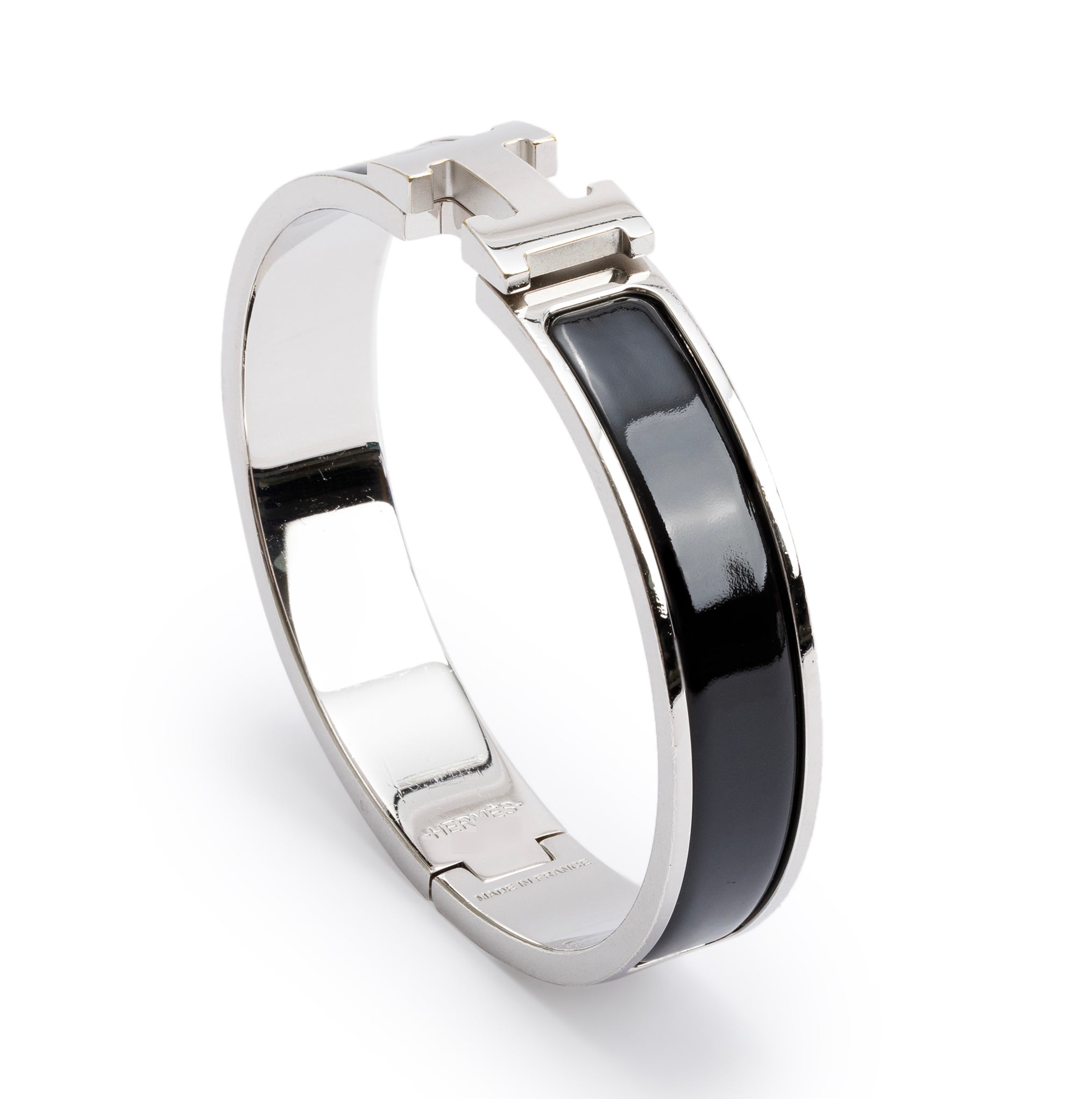Hermes Palladium Plated Black Enamel 12 MM Clic H Bracelet w/ Box