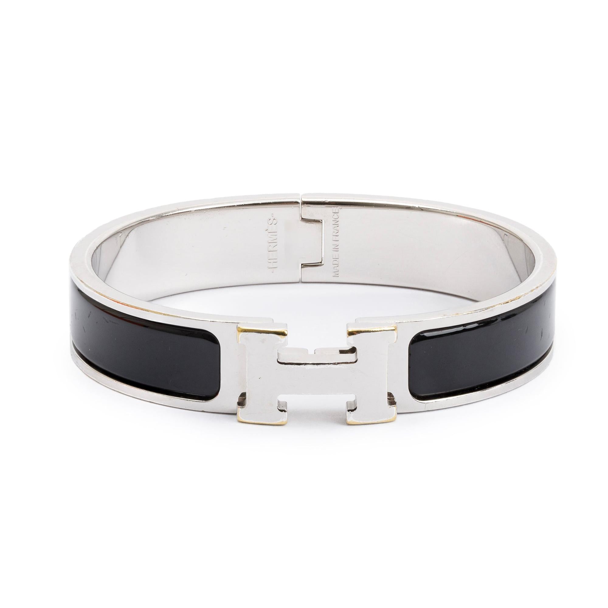 Hermes Palladium Plated Black Enamel 12 MM Clic H Bracelet w/ Box