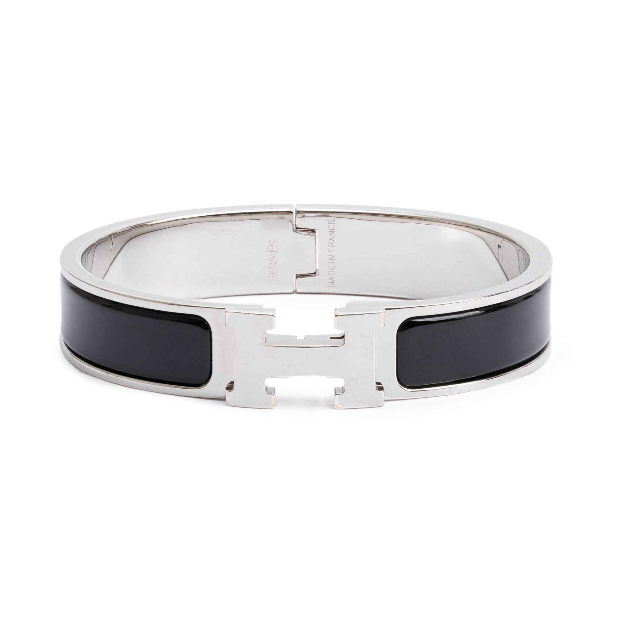 Hermes Palladium Plated Black Enamel 12 MM Clic H Bracelet w/ Box