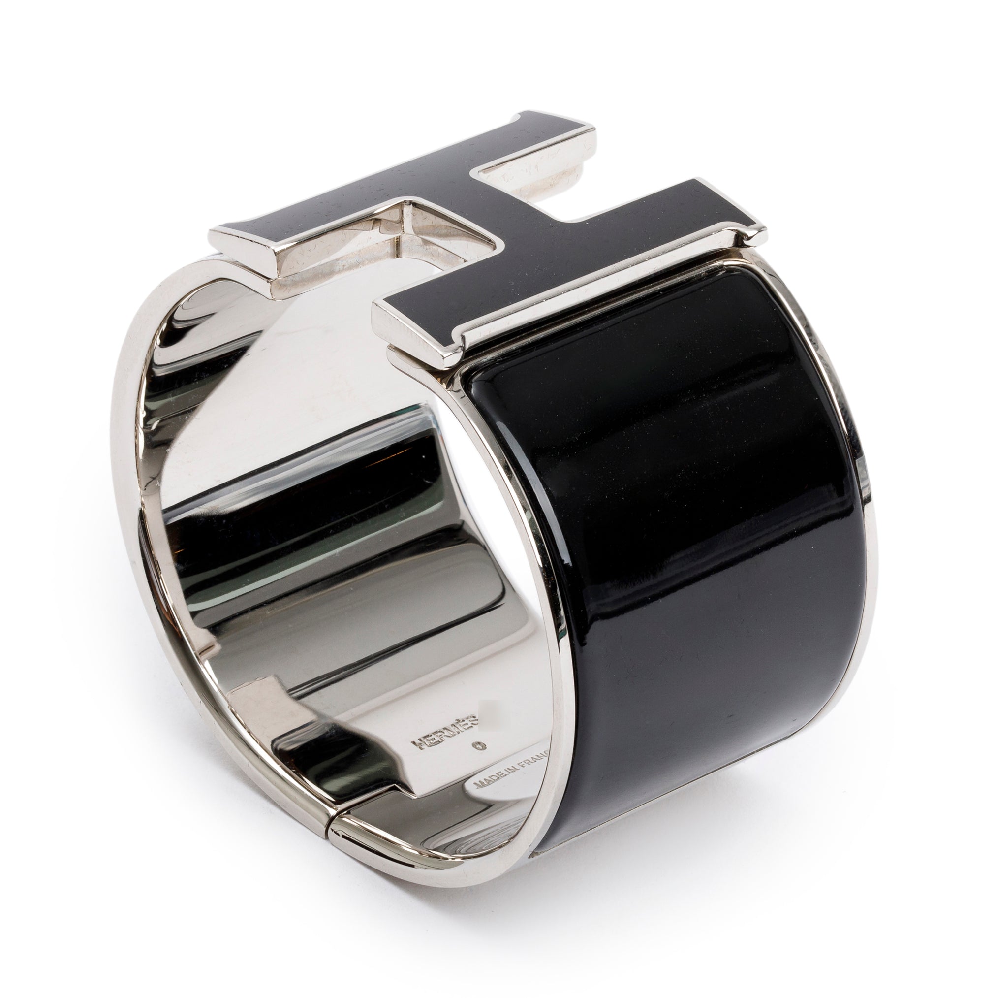 Hermes Palladium-Plated Black Enamel Clic H XL Bracelet with