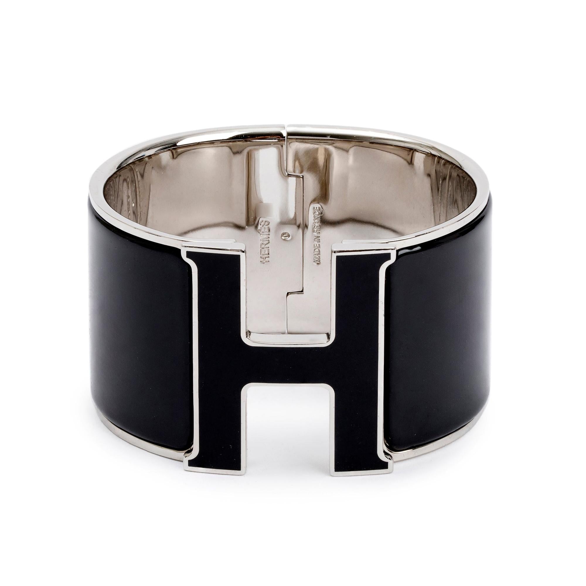 Hermes Palladium-Plated Black Enamel Clic H XL Bracelet with Enamel Turnlock